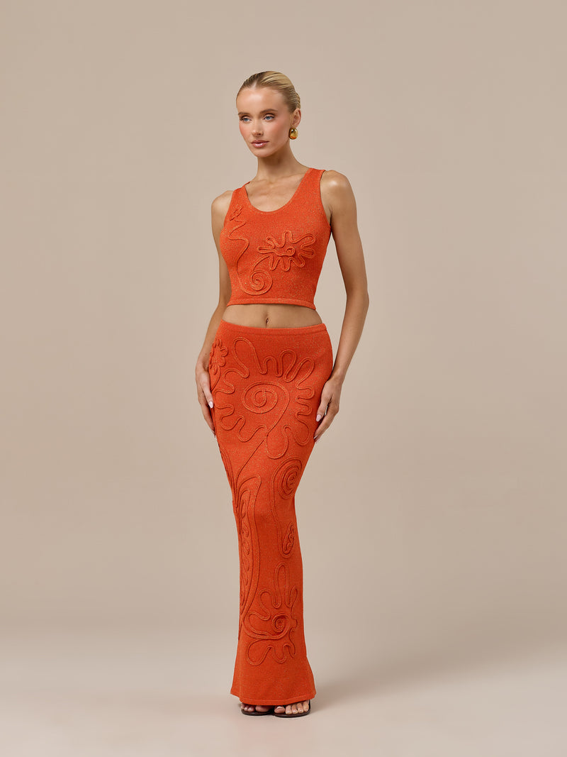 ELIZA KNITTED MAXI SKIRT WITH SWIRL DETAIL | ORANGE