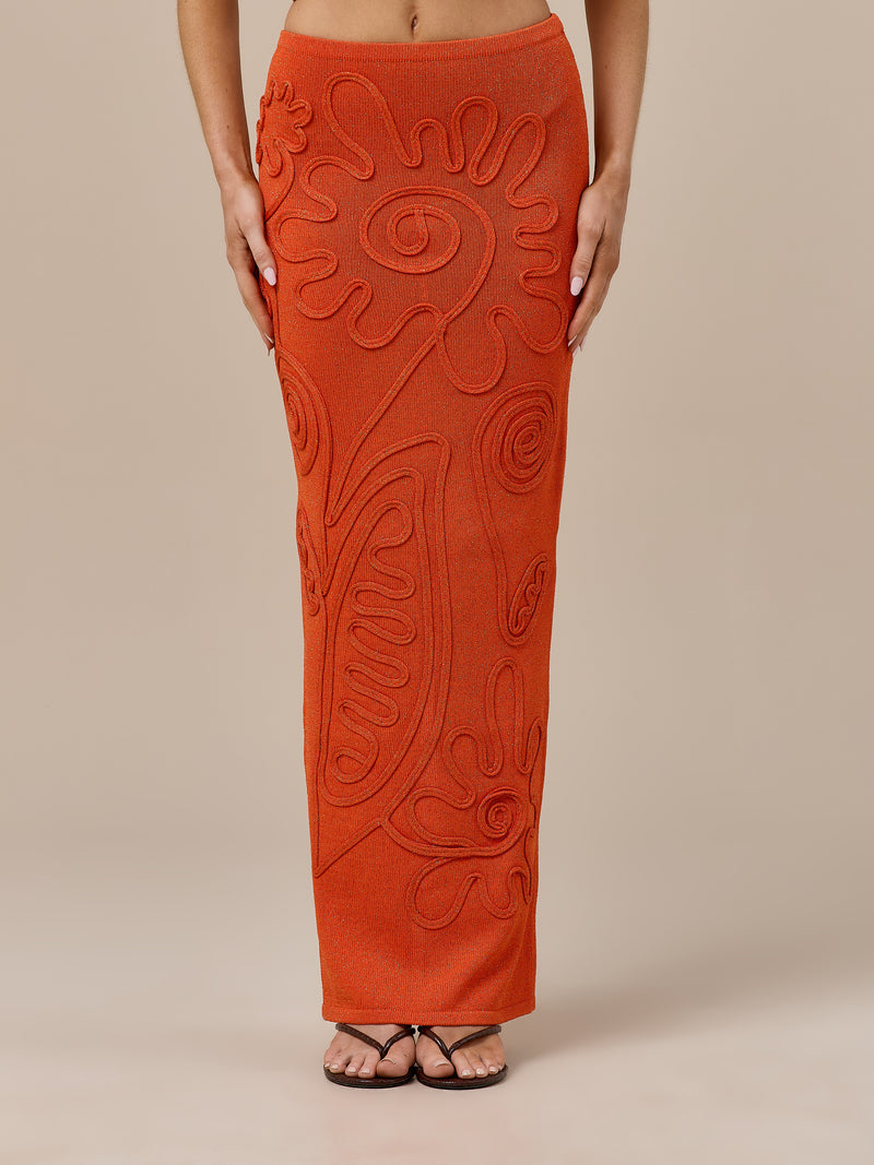 ELIZA KNITTED MAXI SKIRT WITH SWIRL DETAIL | ORANGE