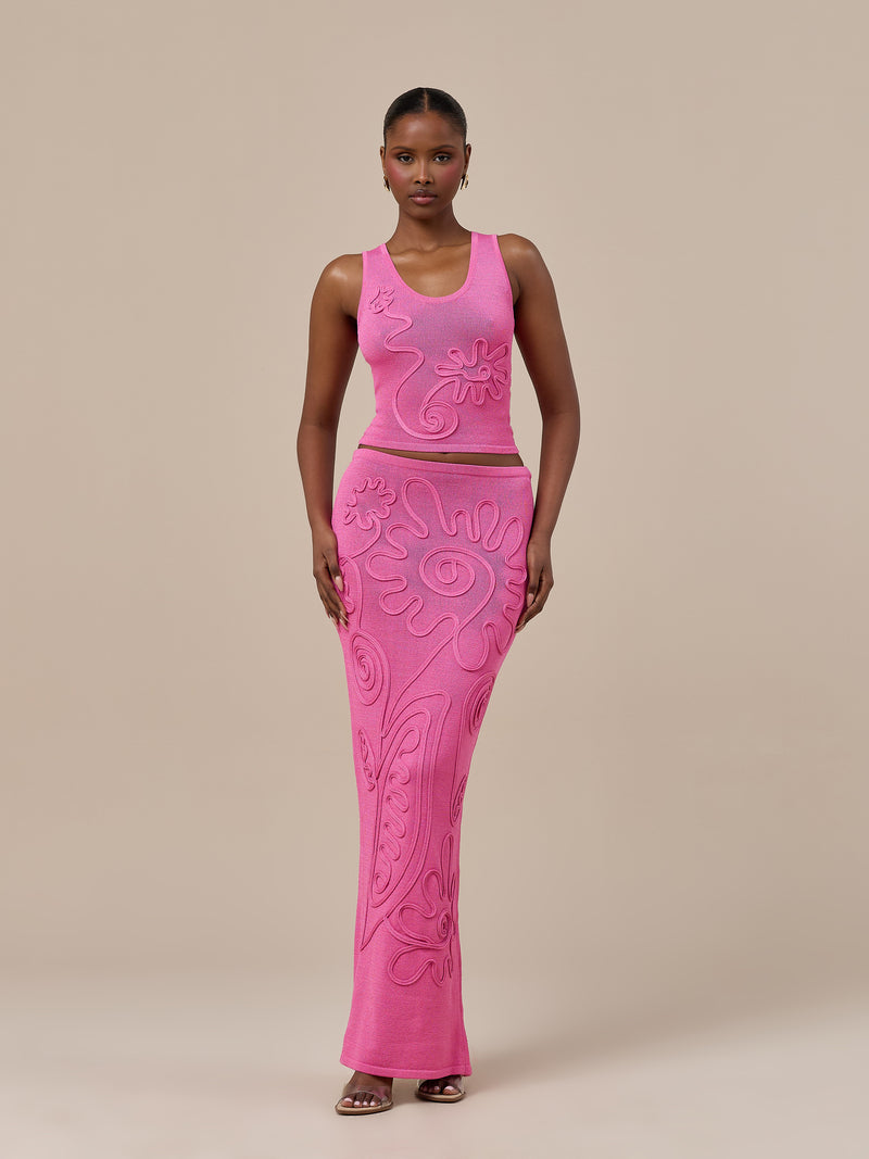 ELIZA KNITTED MAXI SKIRT WITH SWIRL DETAIL | PINK