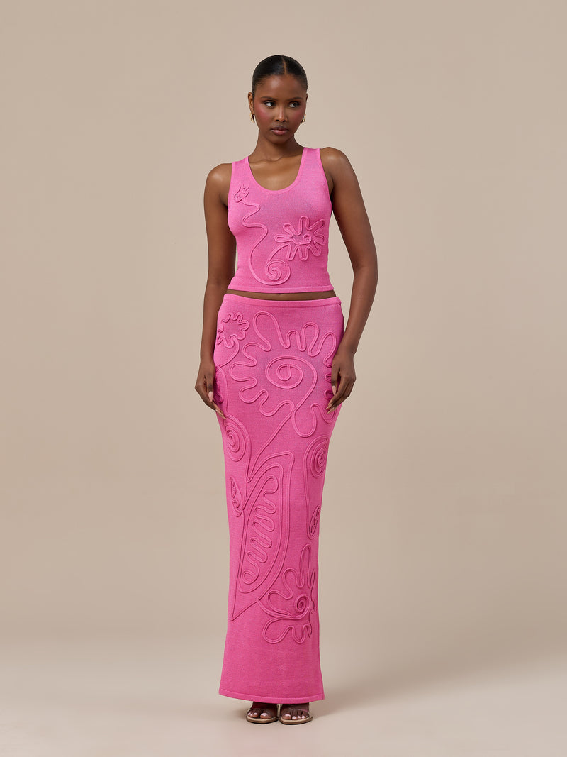 ELIZA KNITTED MAXI SKIRT WITH SWIRL DETAIL | PINK