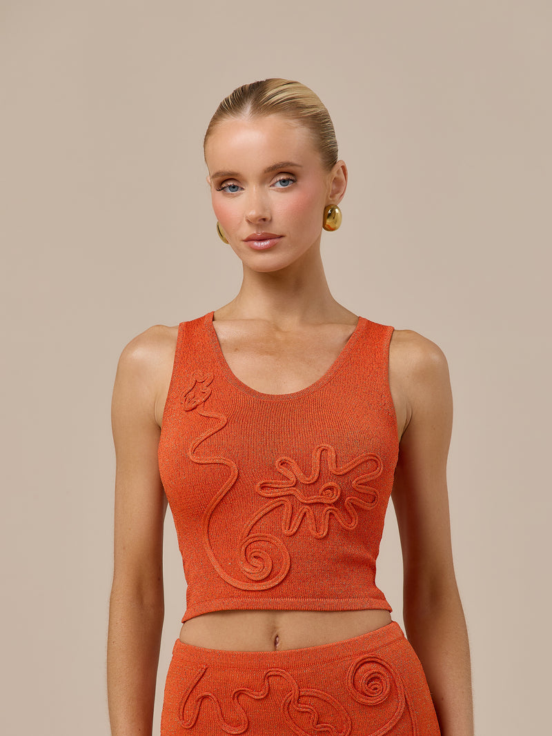 ELIZA SLEEVELESS KNITTED TOP WITH SWIRL DETAIL | ORANGE