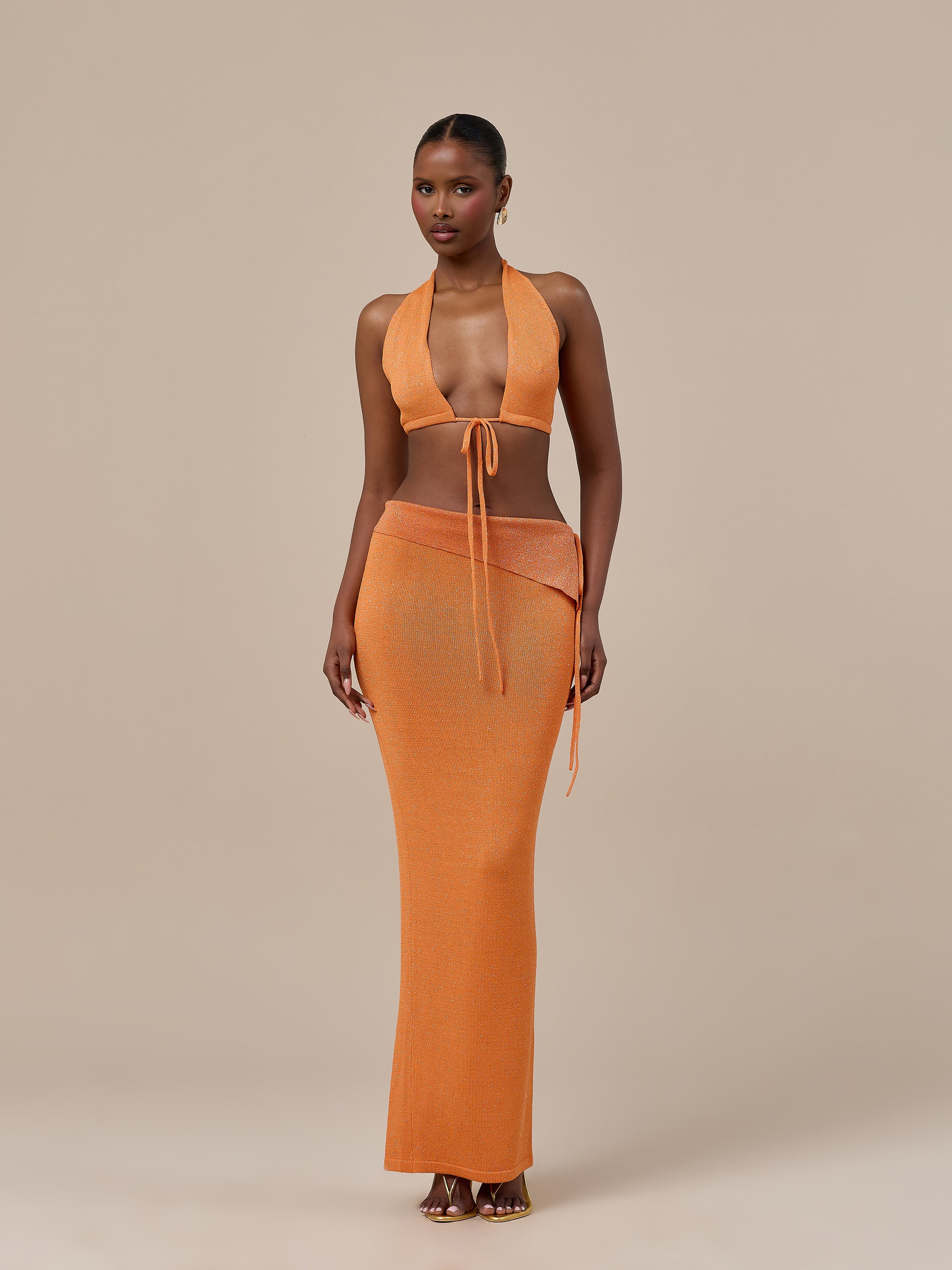 HEIDI METALLIC KNITTED FOLDOVER WAIST MAXI SKIRT | ORANGE