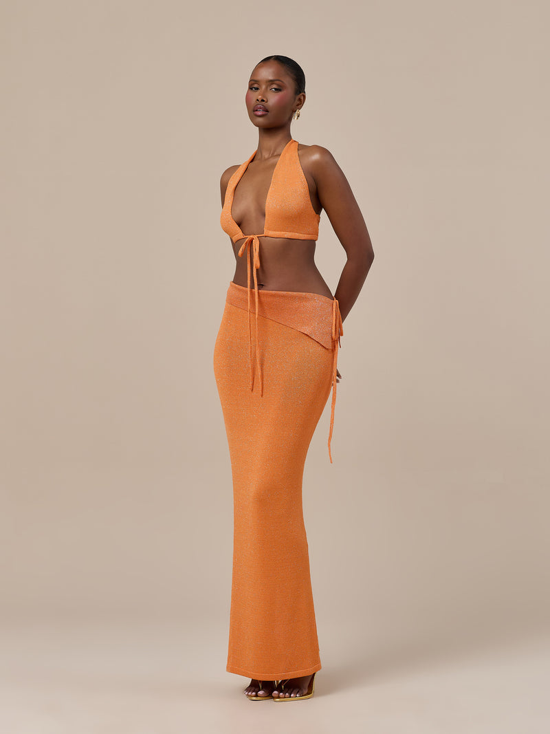 HEIDI METALLIC KNITTED FOLDOVER WAIST MAXI SKIRT | ORANGE