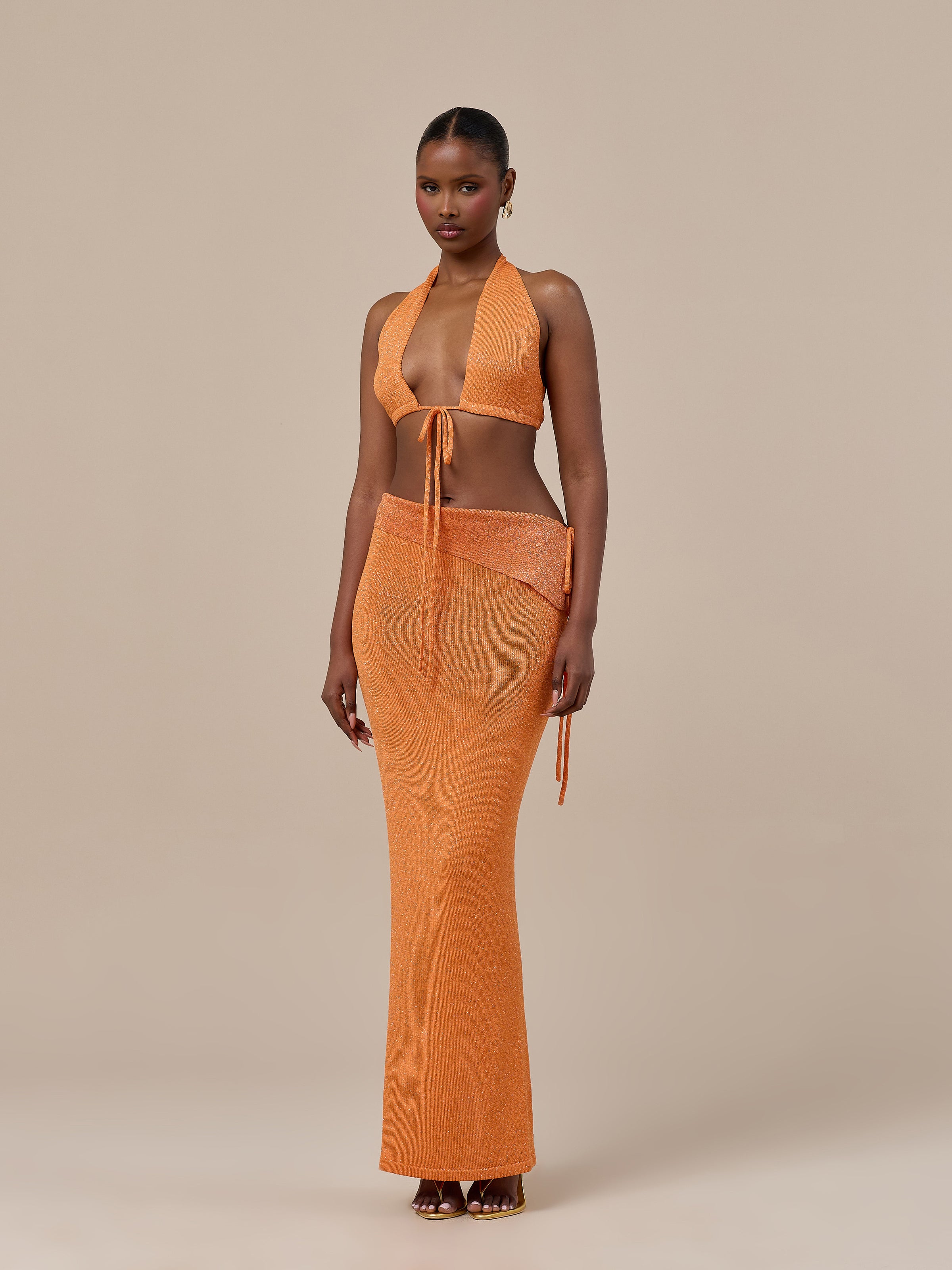 HEIDI METALLIC KNITTED FOLDOVER WAIST MAXI SKIRT | ORANGE