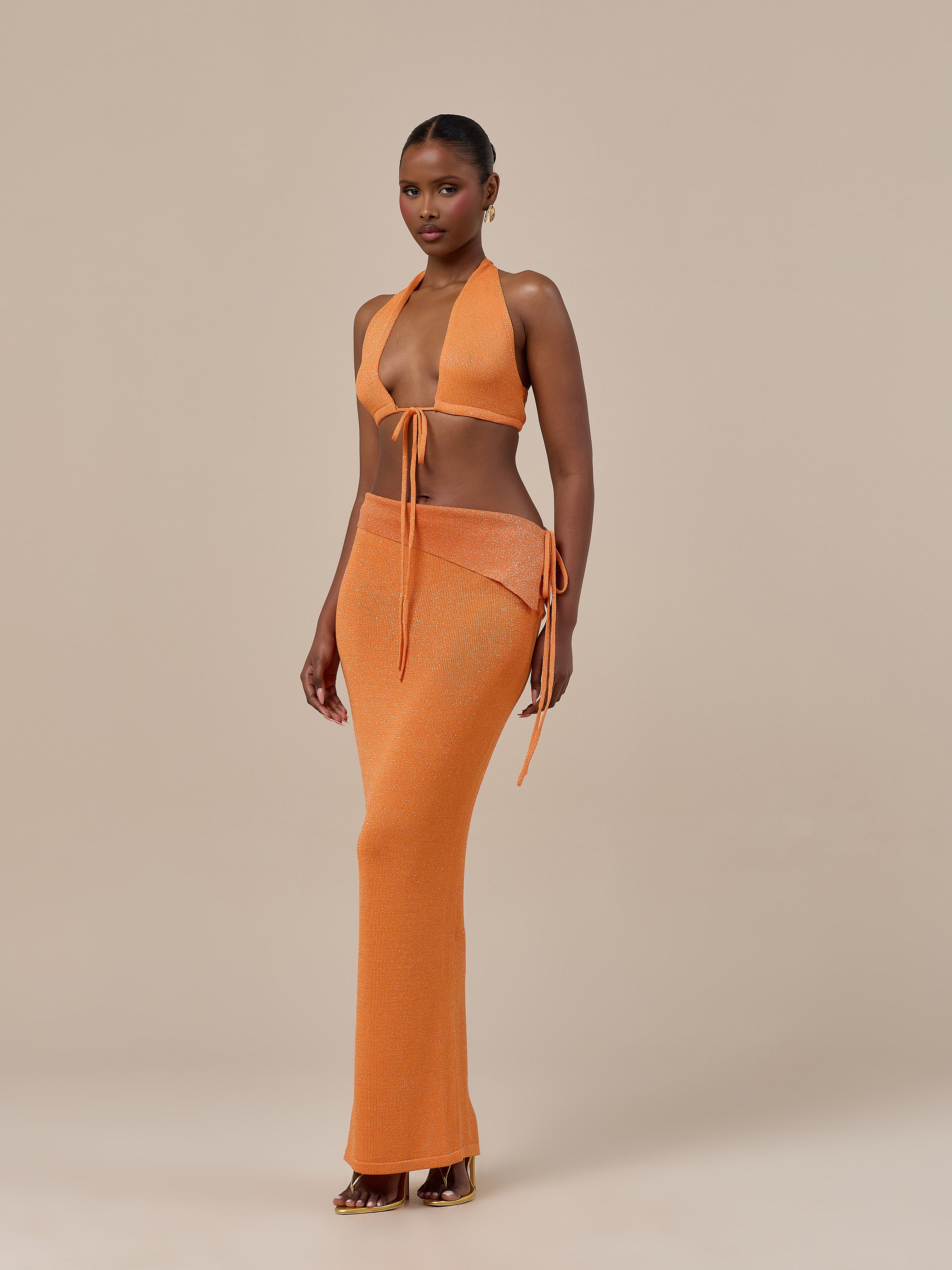 HEIDI METALLIC KNITTED FOLDOVER WAIST MAXI SKIRT | ORANGE