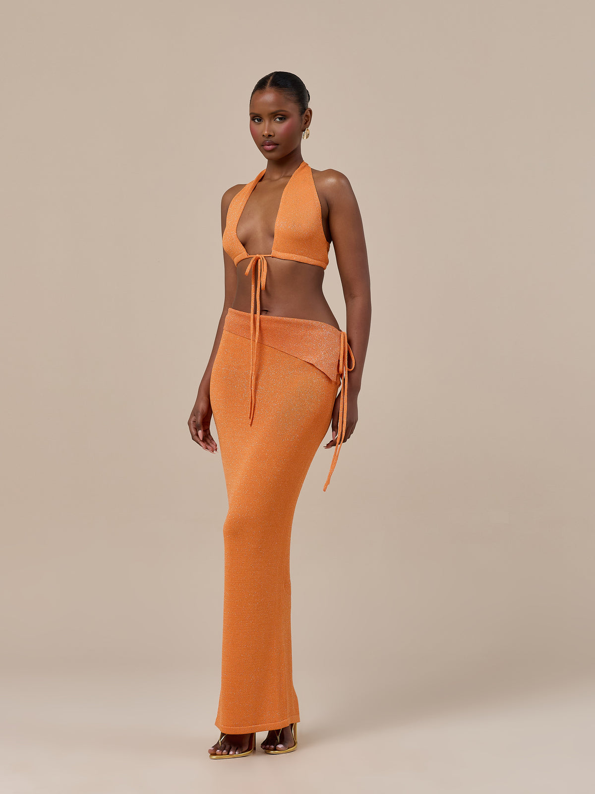 HEIDI METALLIC KNITTED FOLDOVER WAIST MAXI SKIRT | ORANGE