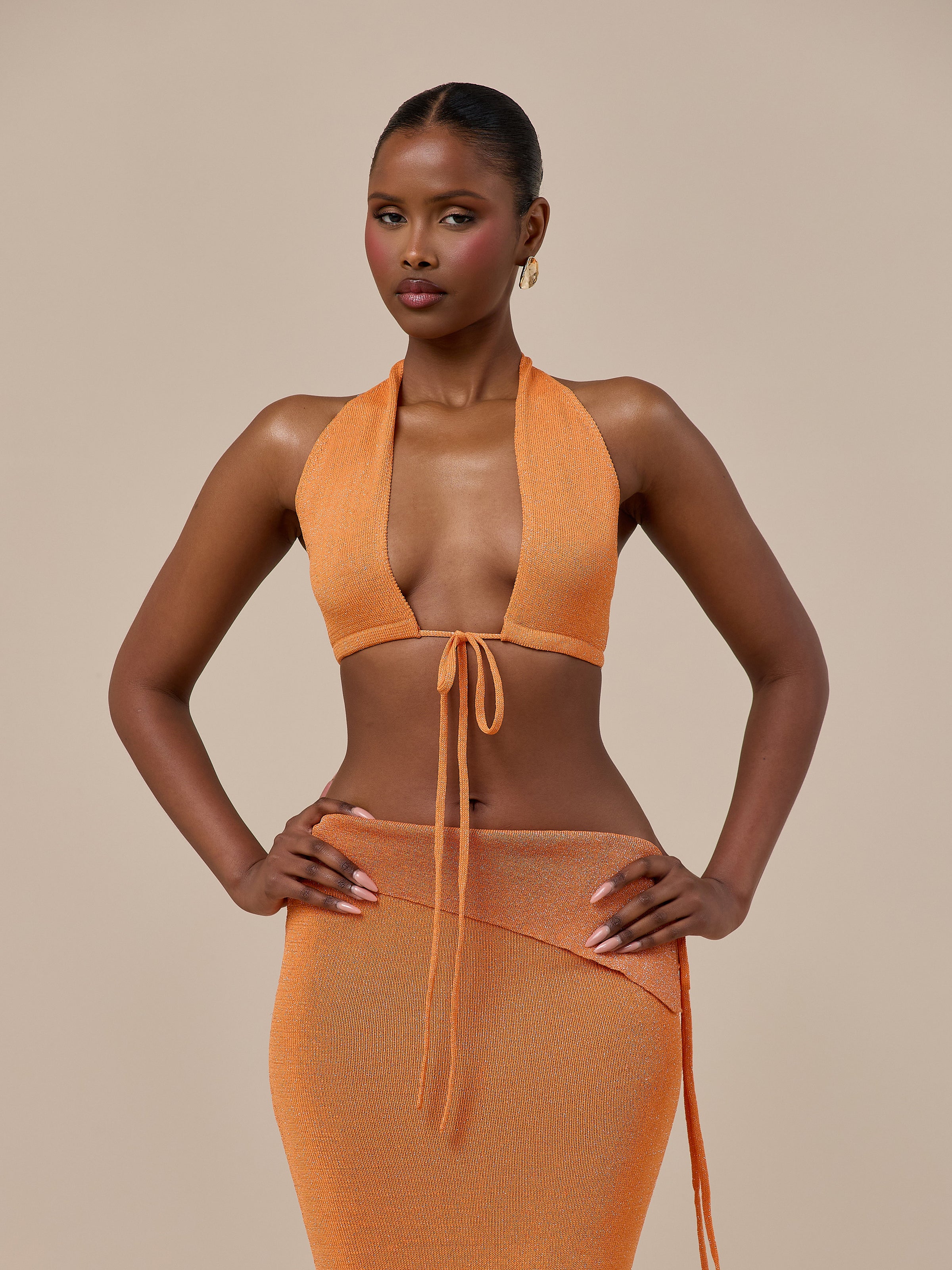 HEIDI METALLIC KNITTED BRALETTE WITH TIE FRONT | ORANGE