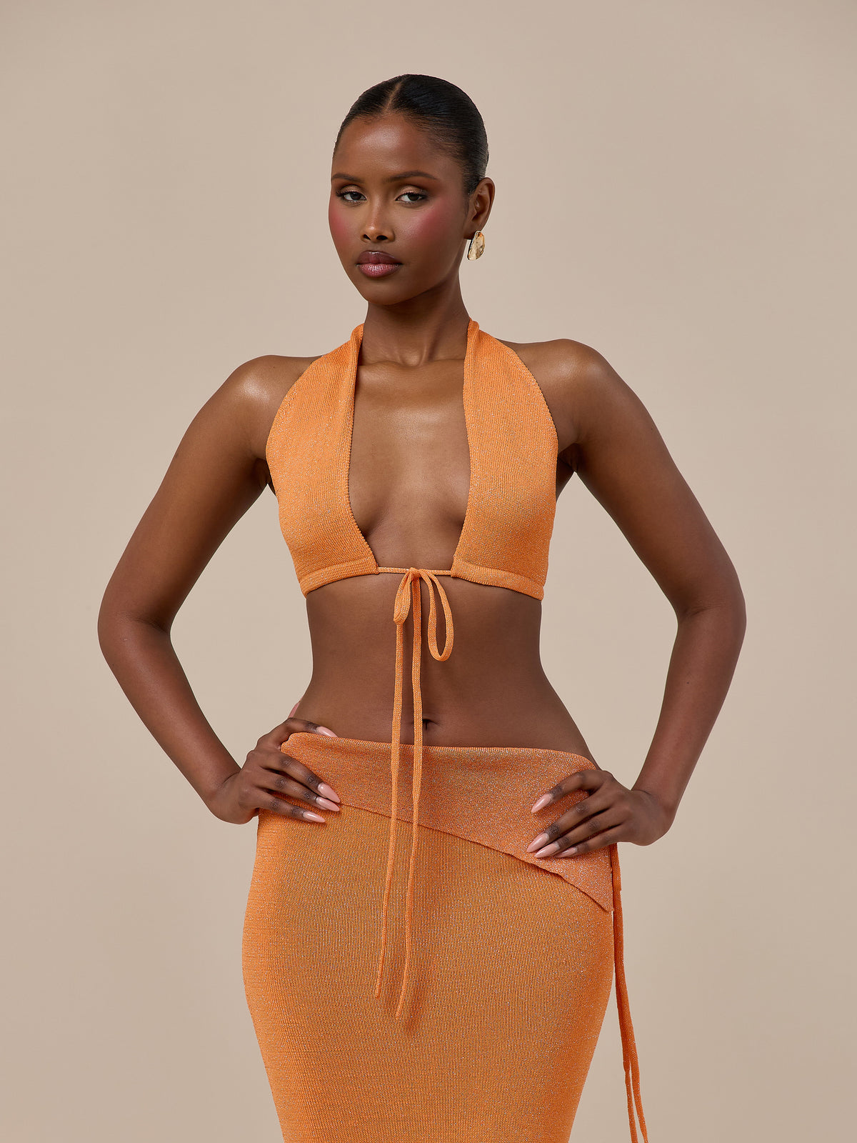 HEIDI METALLIC KNITTED BRALETTE WITH TIE FRONT | ORANGE