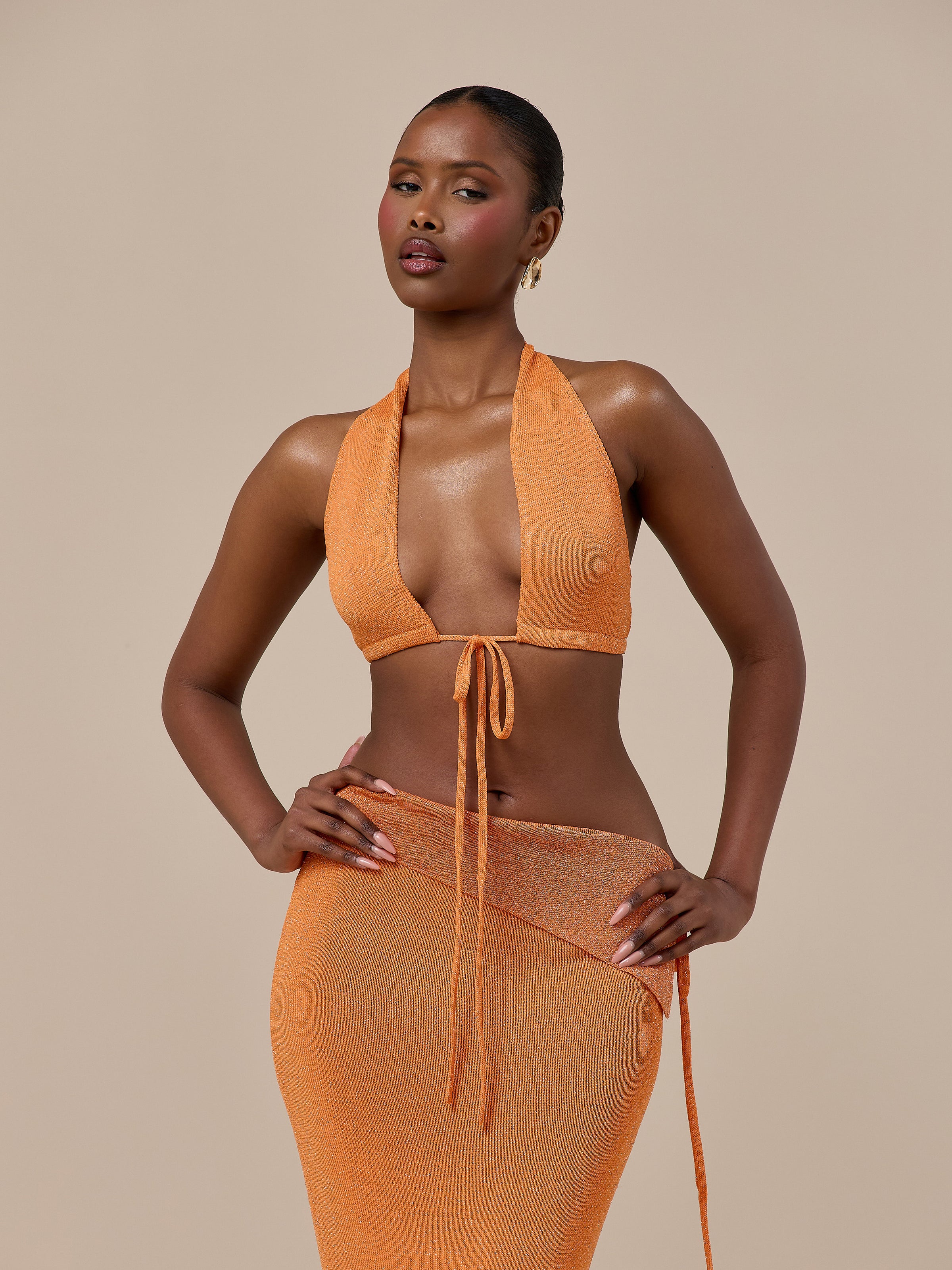 HEIDI METALLIC KNITTED BRALETTE WITH TIE FRONT | ORANGE