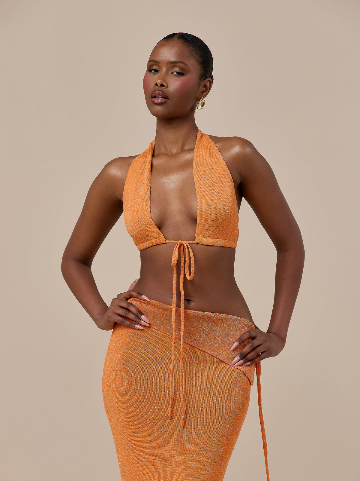 HEIDI METALLIC KNITTED BRALETTE WITH TIE FRONT | ORANGE
