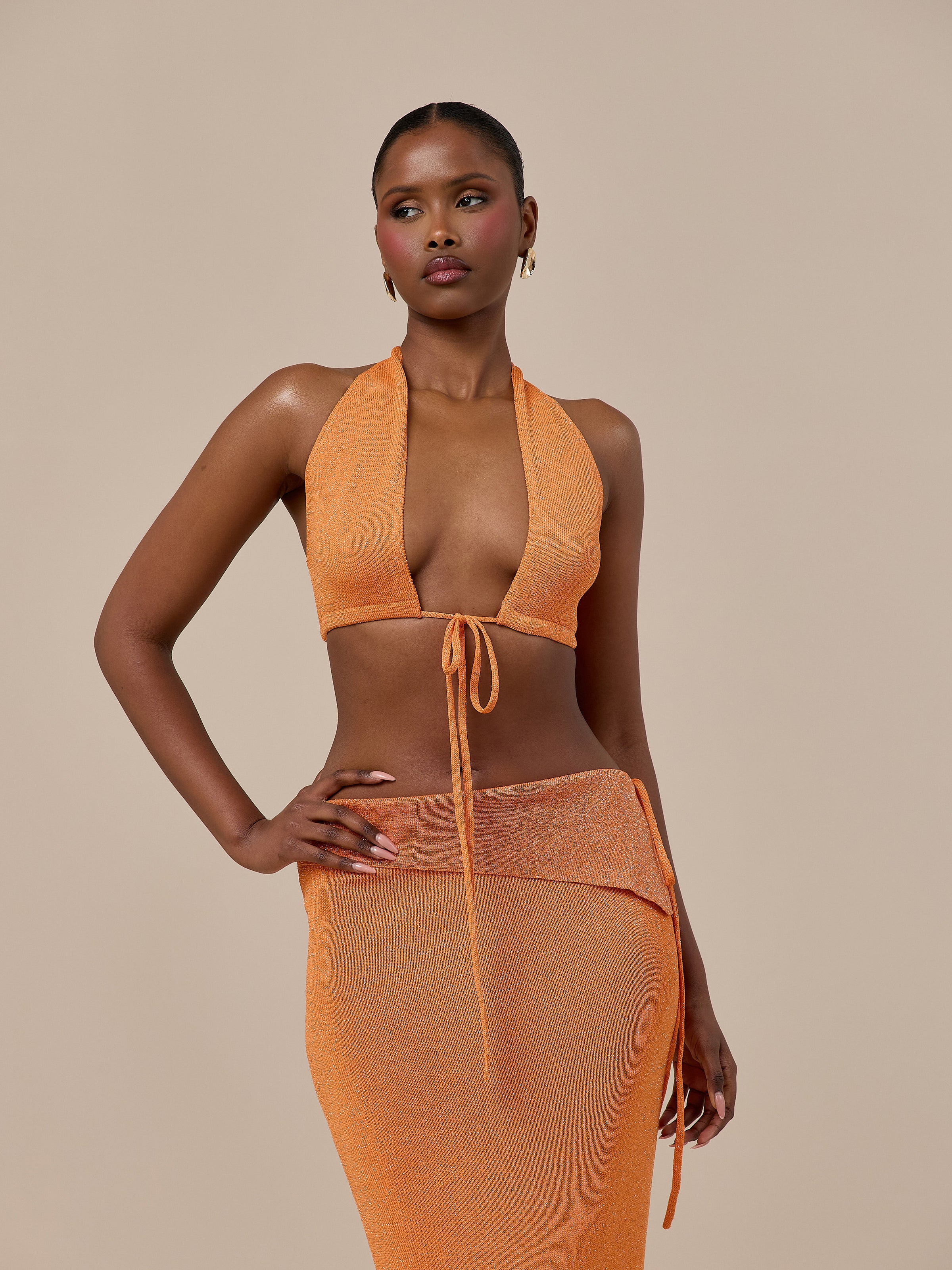HEIDI METALLIC KNITTED BRALETTE WITH TIE FRONT | ORANGE