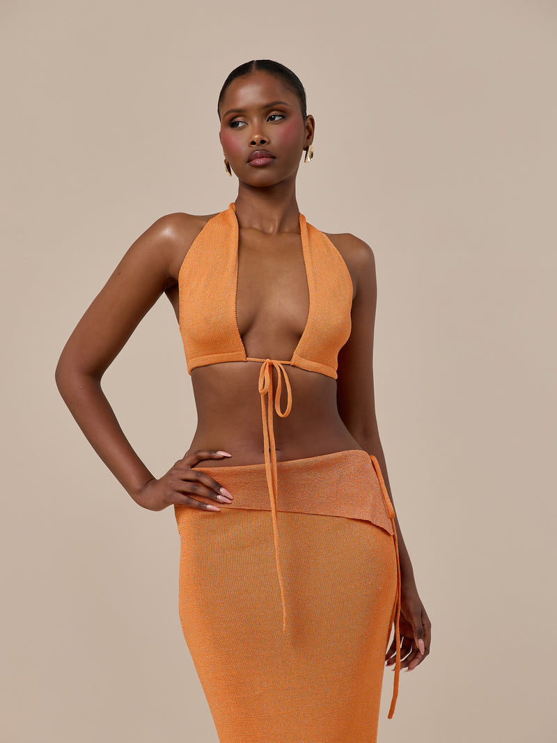 HEIDI METALLIC KNITTED BRALETTE WITH TIE FRONT | ORANGE