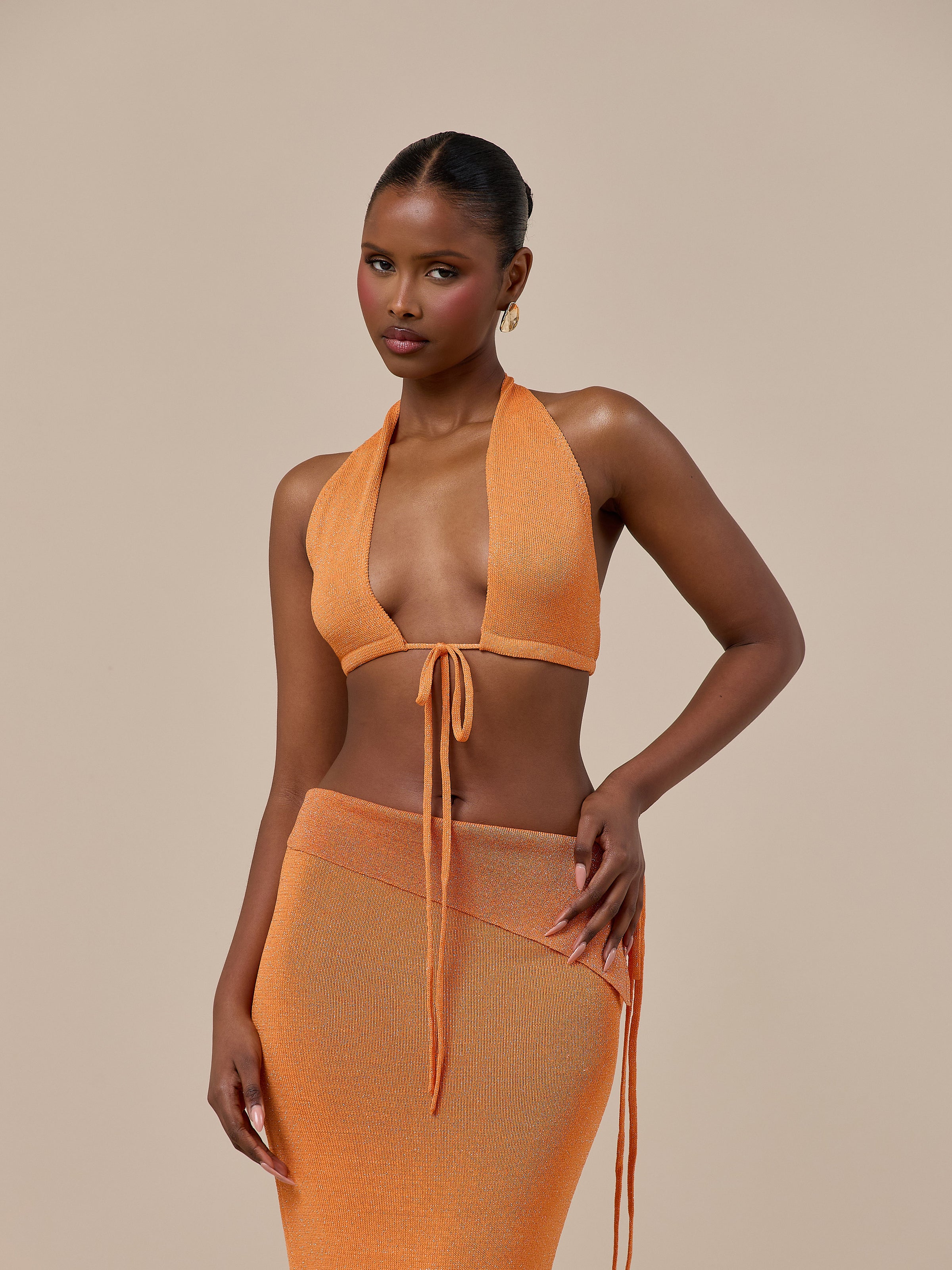 HEIDI METALLIC KNITTED BRALETTE WITH TIE FRONT | ORANGE