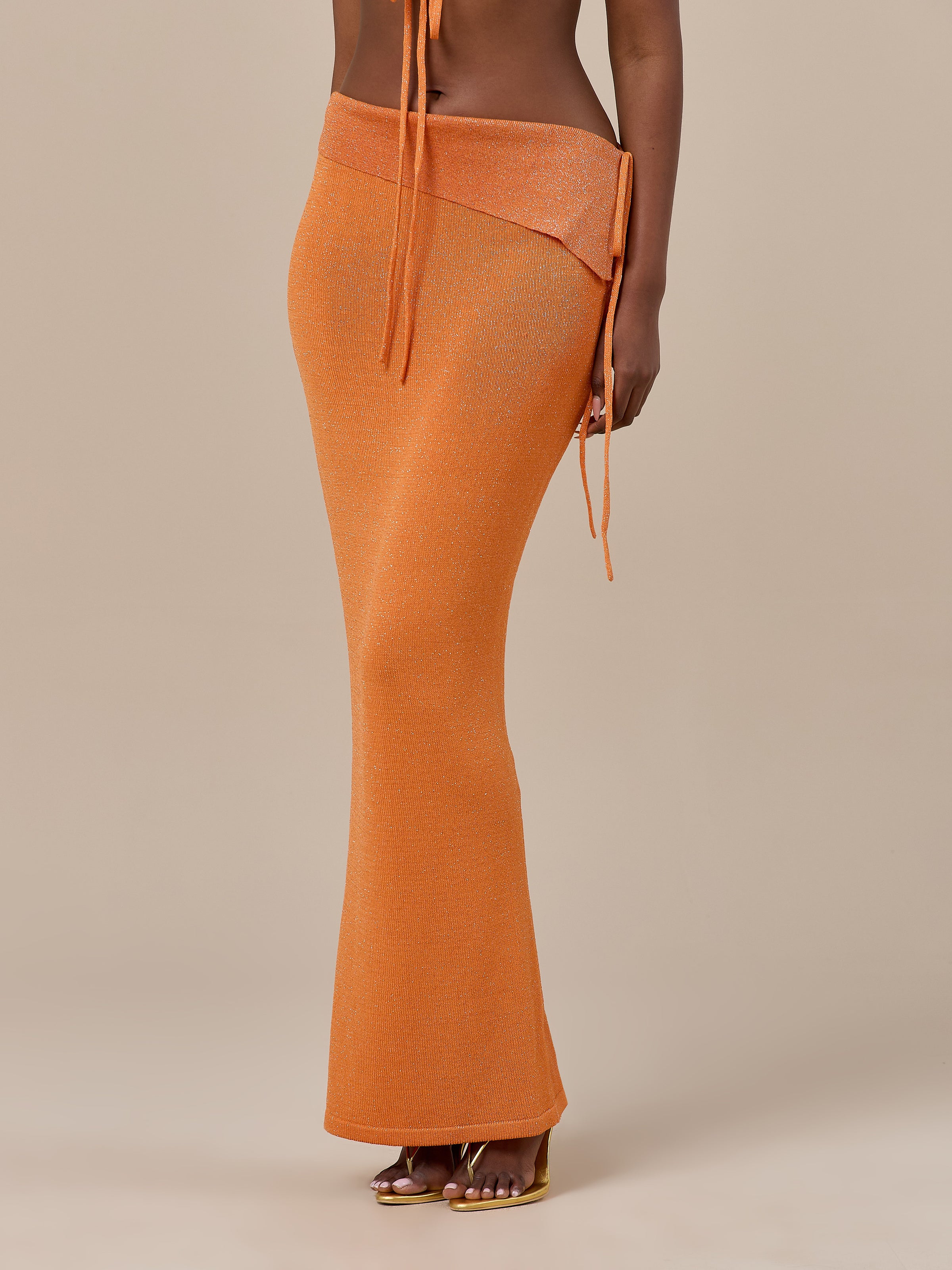 HEIDI METALLIC KNITTED FOLDOVER WAIST MAXI SKIRT | ORANGE