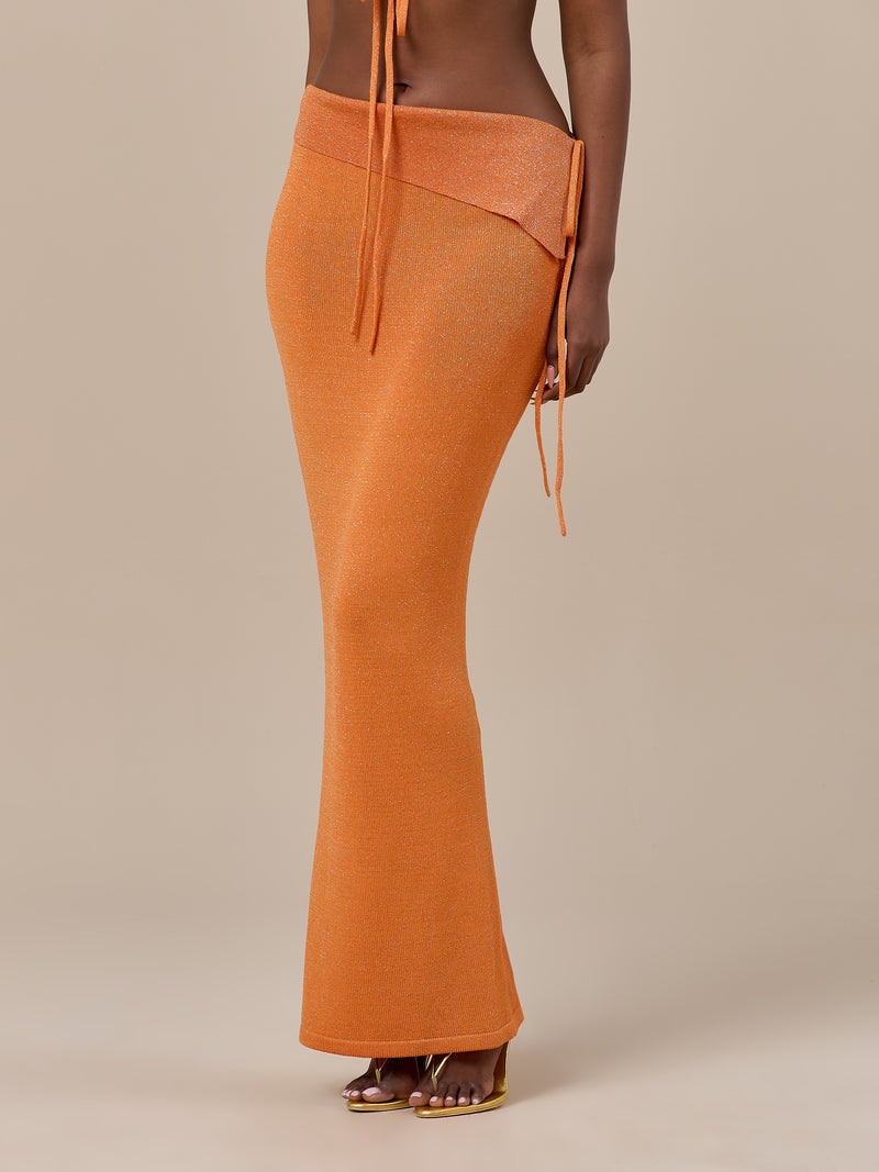 HEIDI METALLIC KNITTED FOLDOVER WAIST MAXI SKIRT | ORANGE