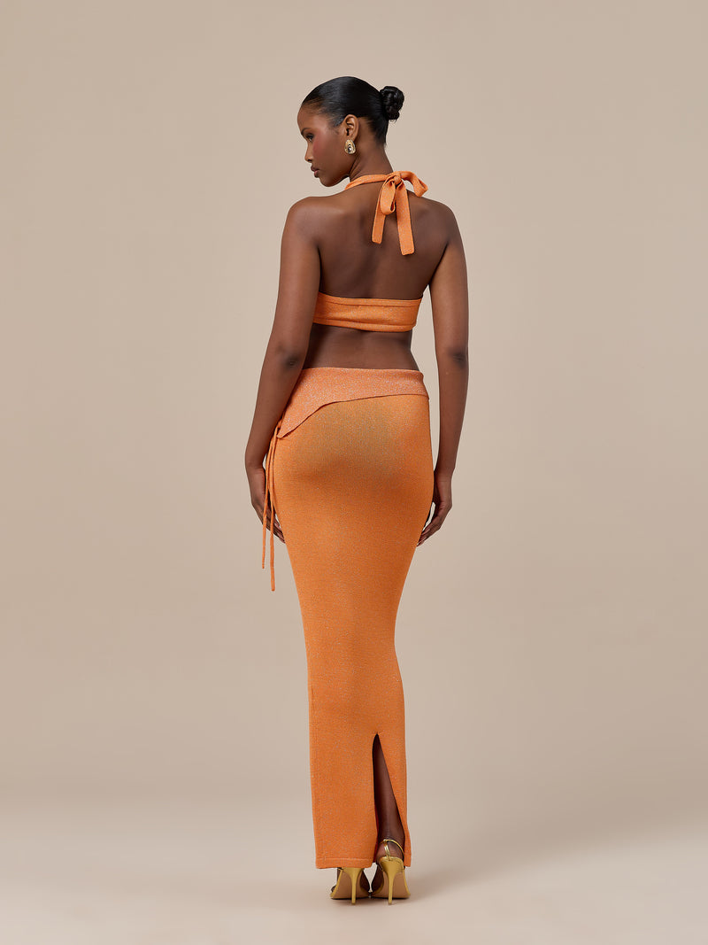 HEIDI METALLIC KNITTED FOLDOVER WAIST MAXI SKIRT | ORANGE