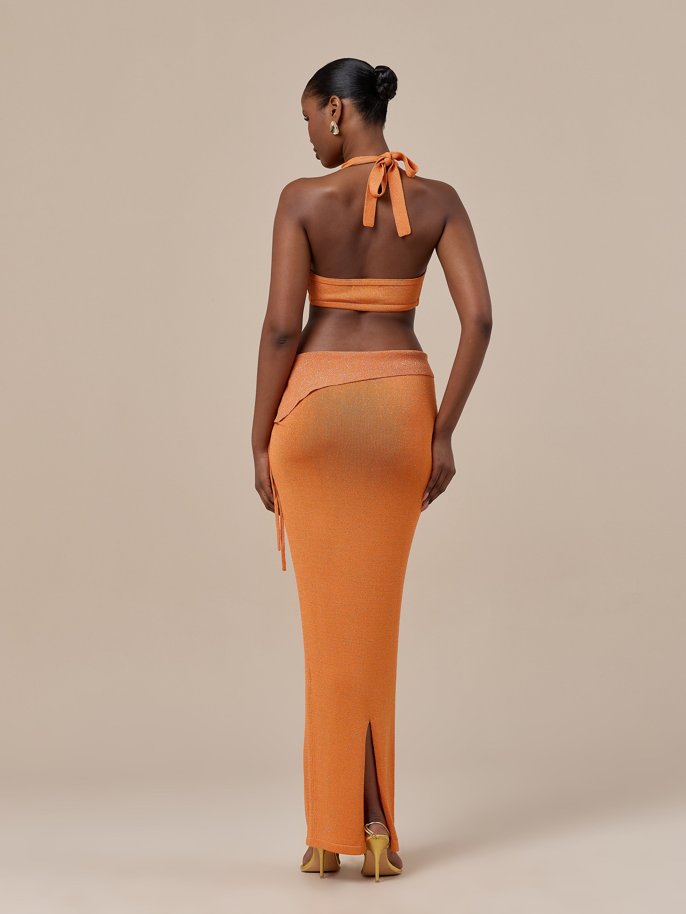 HEIDI METALLIC KNITTED FOLDOVER WAIST MAXI SKIRT | ORANGE