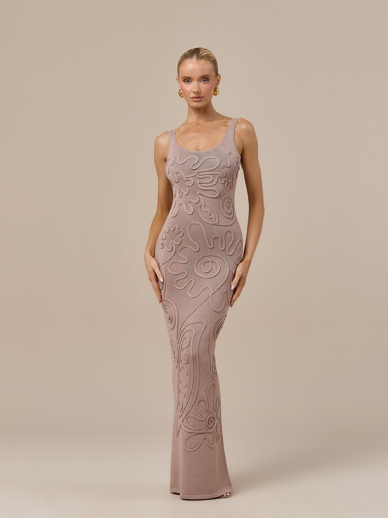 SUNNIE SLEEVELESS KNITTED MAXI DRESS WITH SWIRL DETAIL | LATTE