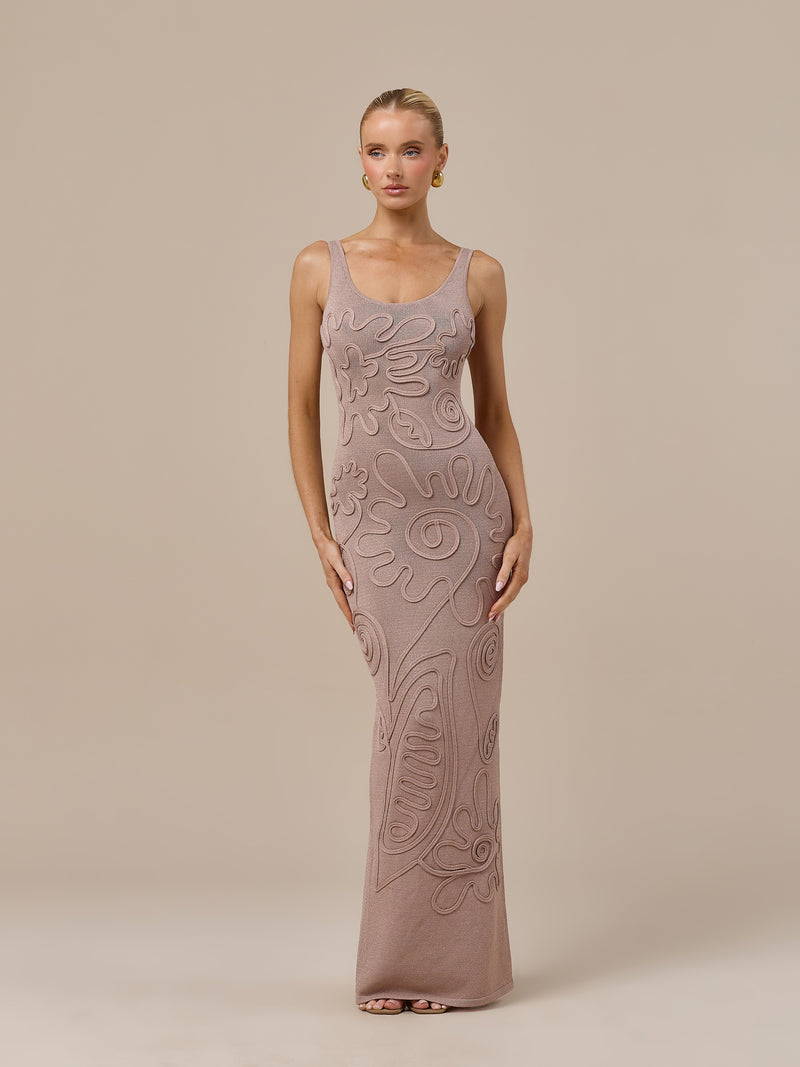 SUNNIE SLEEVELESS KNITTED MAXI DRESS WITH SWIRL DETAIL | LATTE