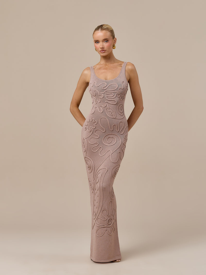 SUNNIE SLEEVELESS KNITTED MAXI DRESS WITH SWIRL DETAIL | LATTE
