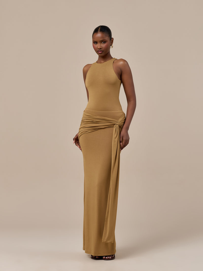 BELLA HIGH WAISTED MAXI SKIRT WITH WRAP SASH | GOLDEN BROWN
