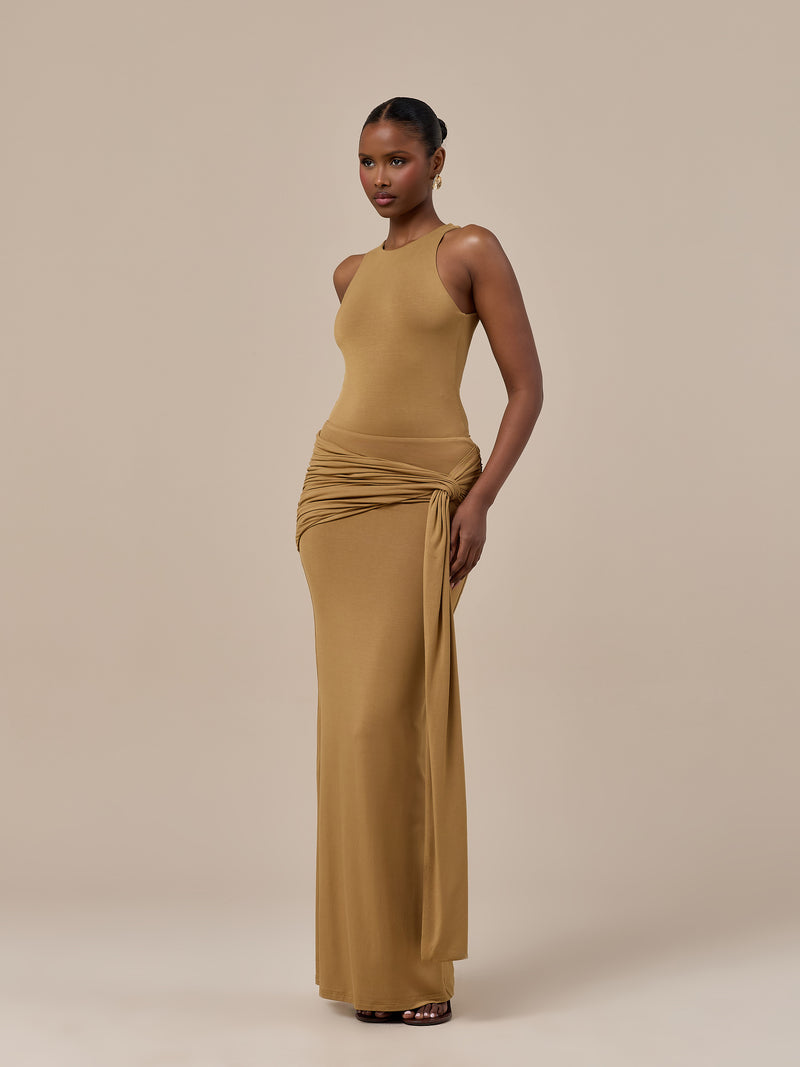 BELLA HIGH WAISTED MAXI SKIRT WITH WRAP SASH | GOLDEN BROWN