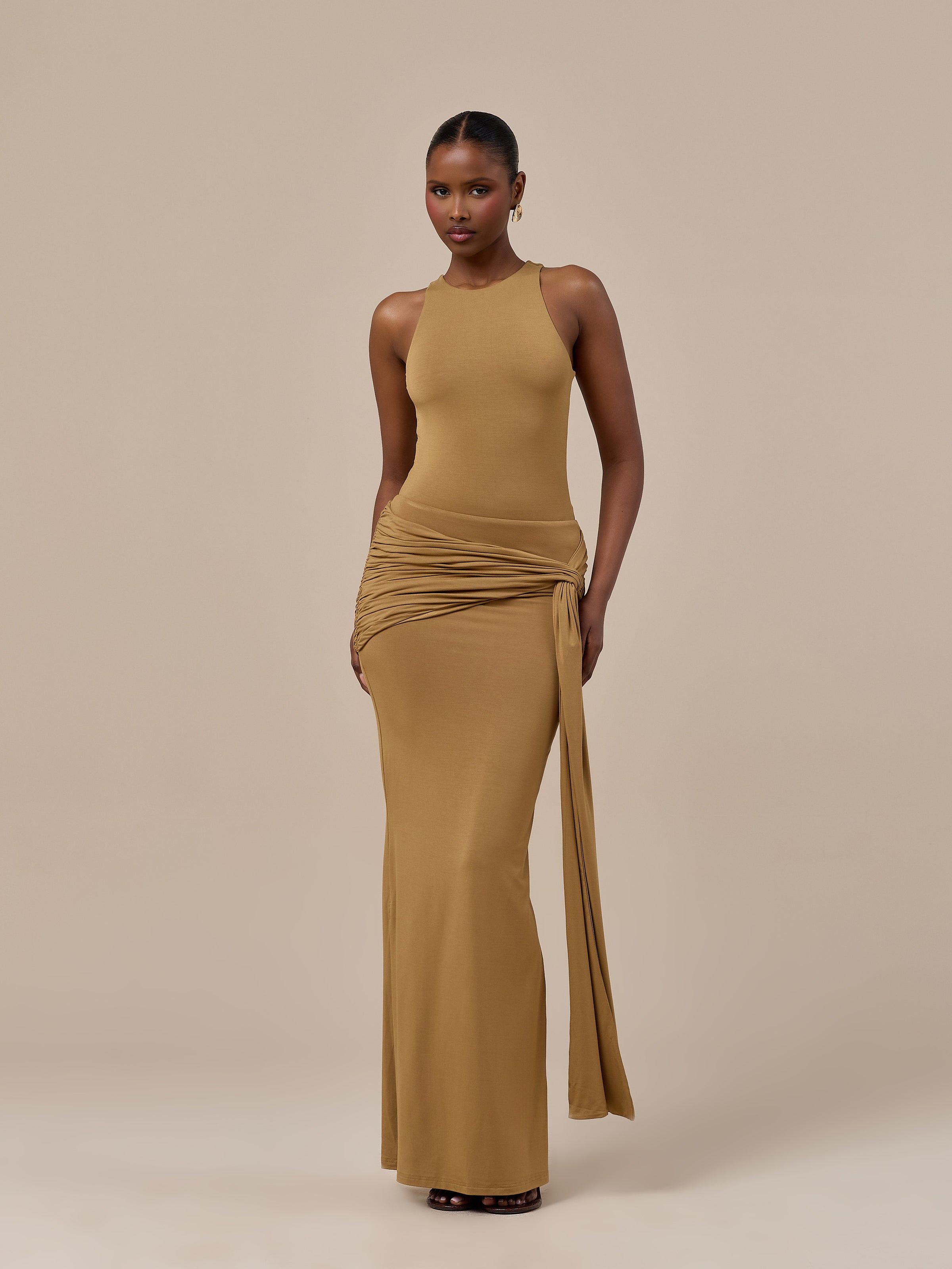 BELLA HIGH WAISTED MAXI SKIRT WITH WRAP SASH | GOLDEN BROWN