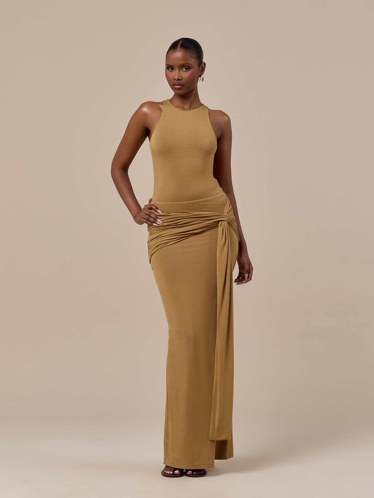 BELLA HIGH WAISTED MAXI SKIRT WITH WRAP SASH | GOLDEN BROWN