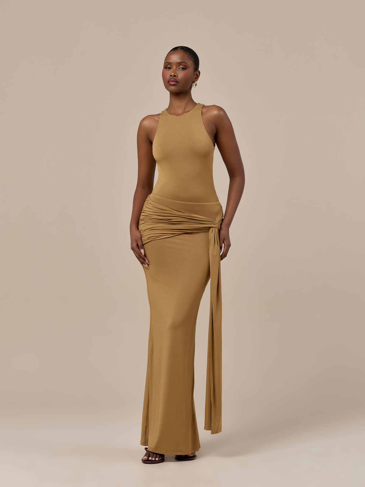 BELLA HIGH WAISTED MAXI SKIRT WITH WRAP SASH | GOLDEN BROWN