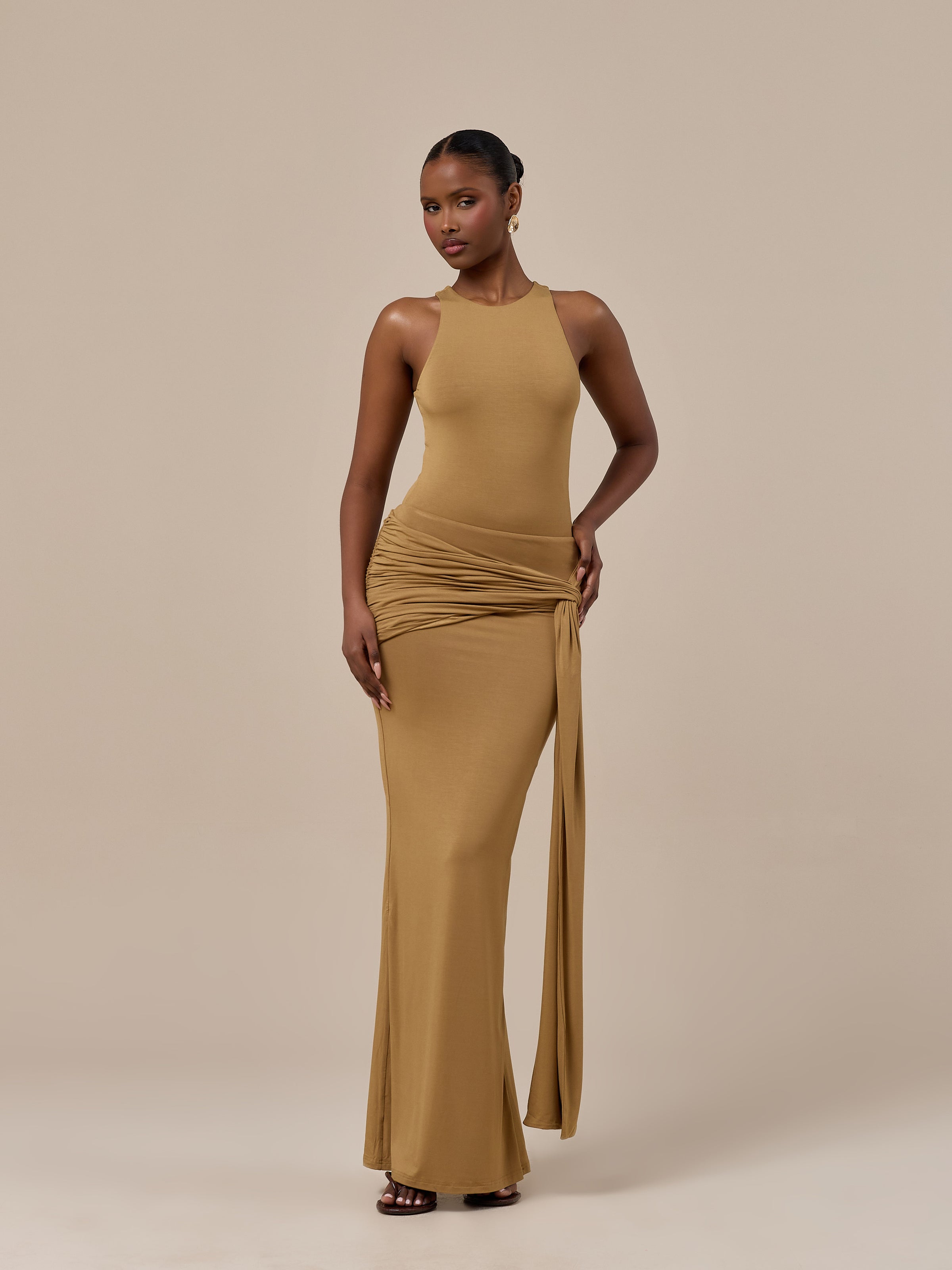 BELLA HIGH WAISTED MAXI SKIRT WITH WRAP SASH | GOLDEN BROWN