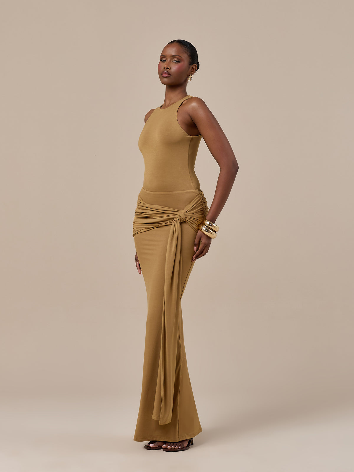BELLA HIGH WAISTED MAXI SKIRT WITH WRAP SASH | GOLDEN BROWN