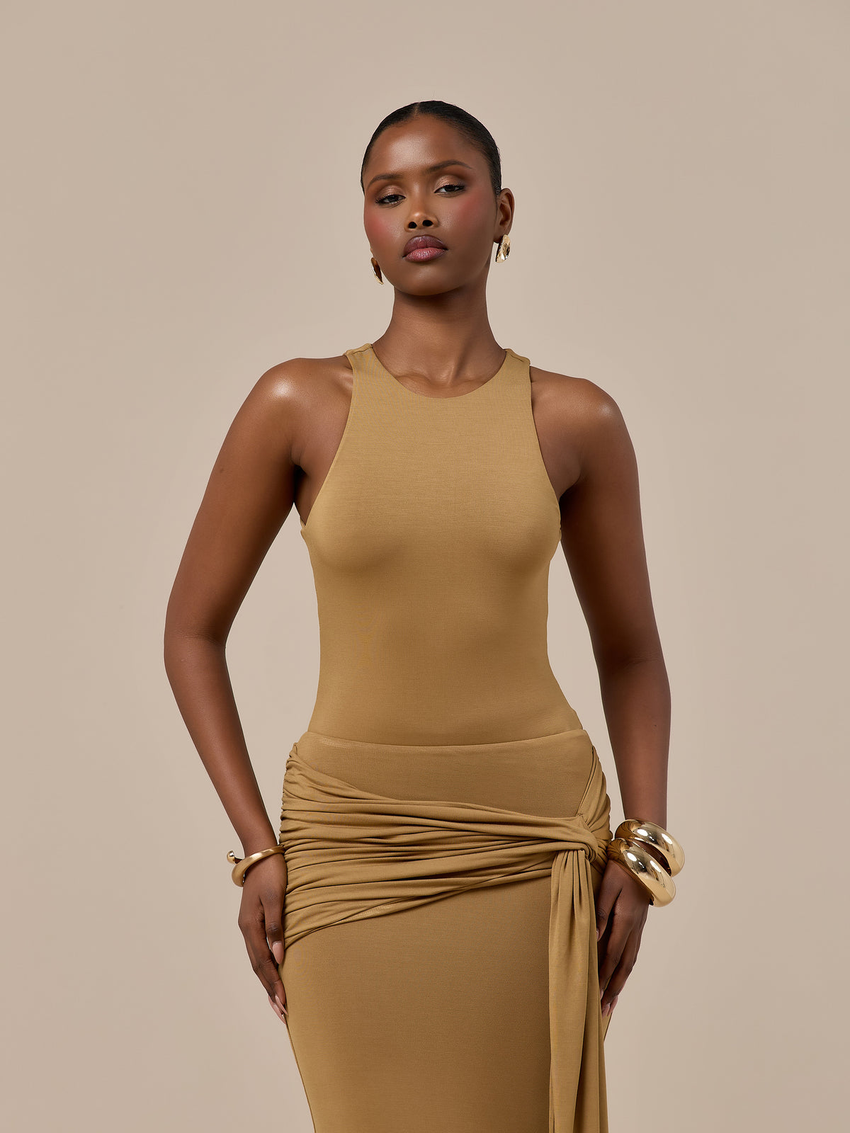 BELLA CREW NECK RACER JERSEY BODYSUIT | GOLDEN BROWN