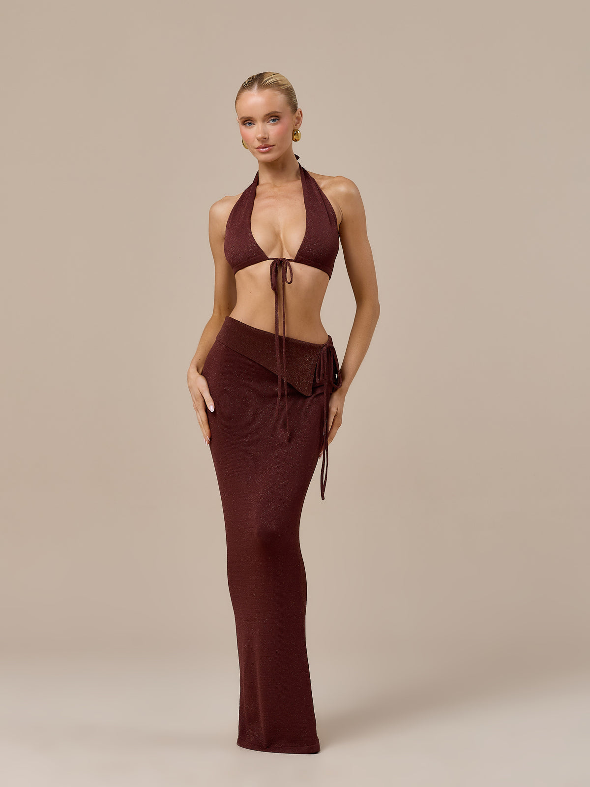 HEIDI METALLIC KNITTED BRALETTE WITH TIE FRONT | CHOCOLATE
