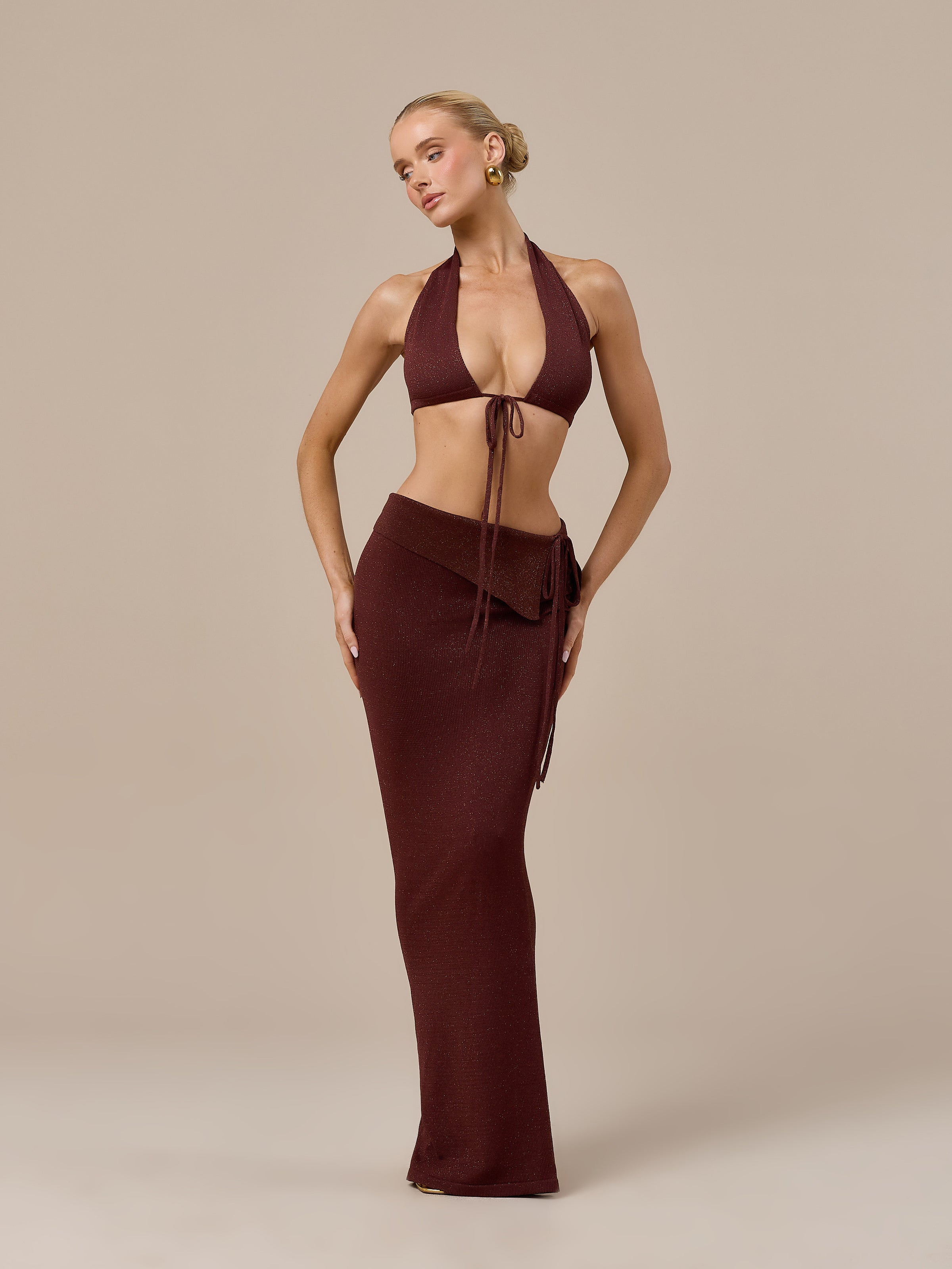 HEIDI METALLIC KNITTED BRALETTE WITH TIE FRONT | CHOCOLATE