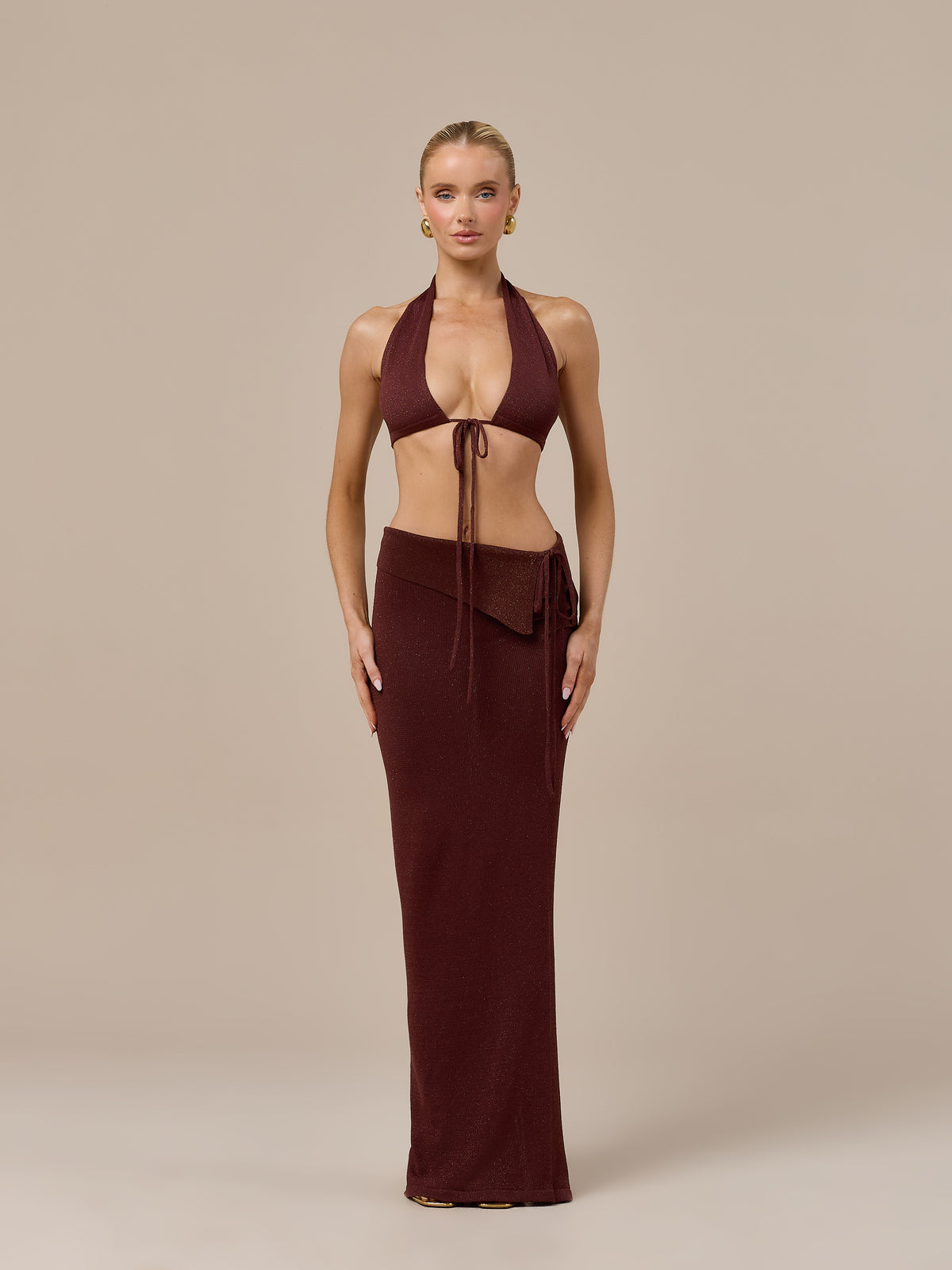 HEIDI METALLIC KNITTED BRALETTE WITH TIE FRONT | CHOCOLATE