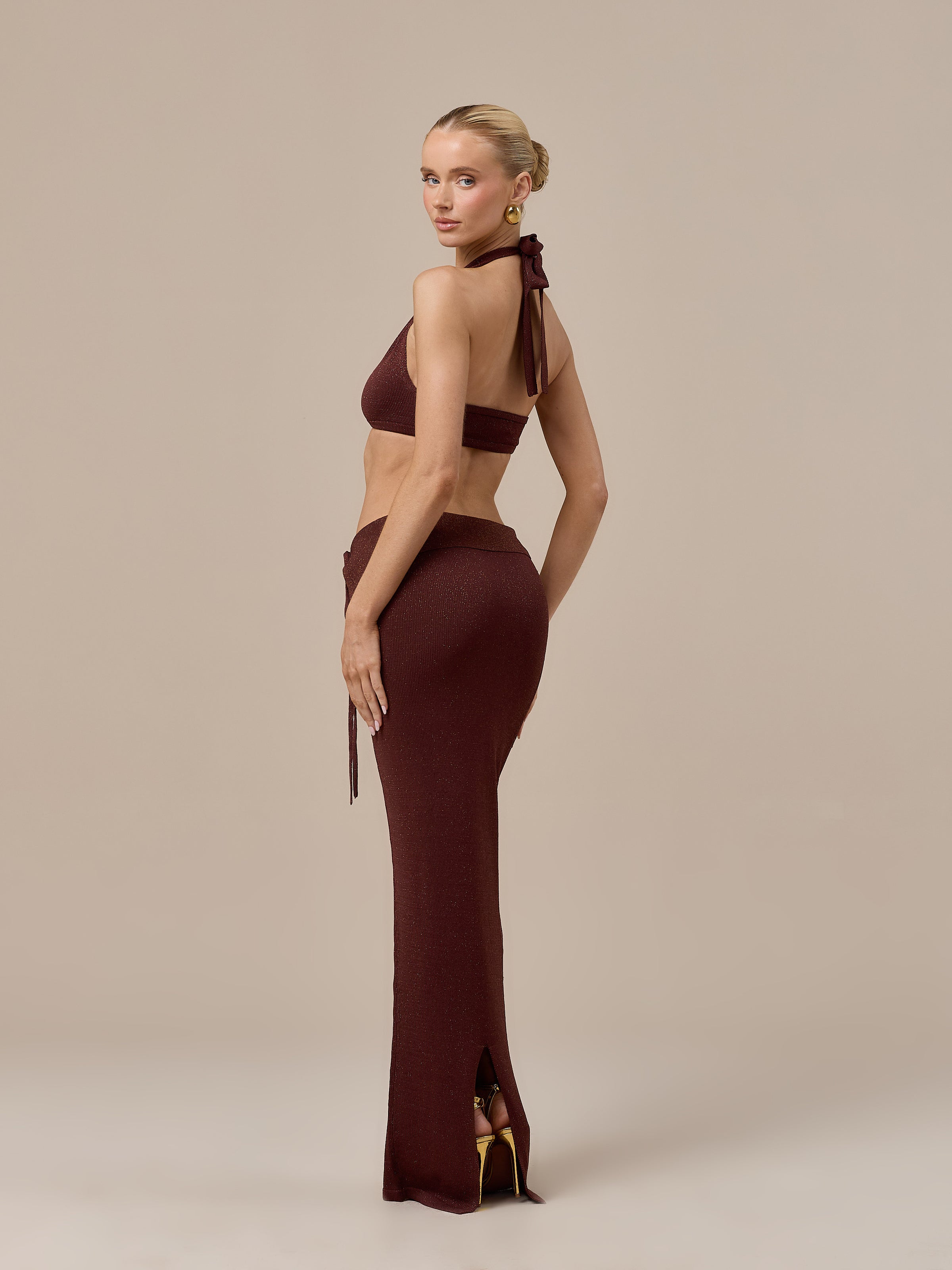 HEIDI METALLIC KNITTED FOLDOVER WAIST MAXI SKIRT | CHOCOLATE
