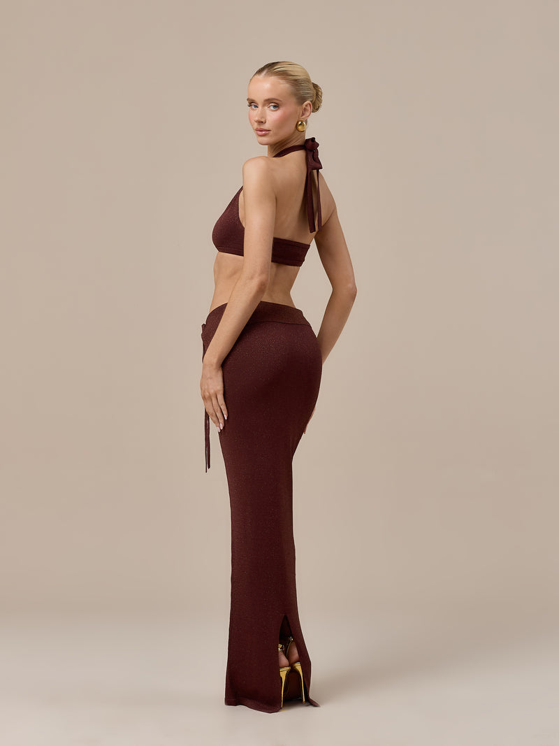 HEIDI METALLIC KNITTED FOLDOVER WAIST MAXI SKIRT | CHOCOLATE