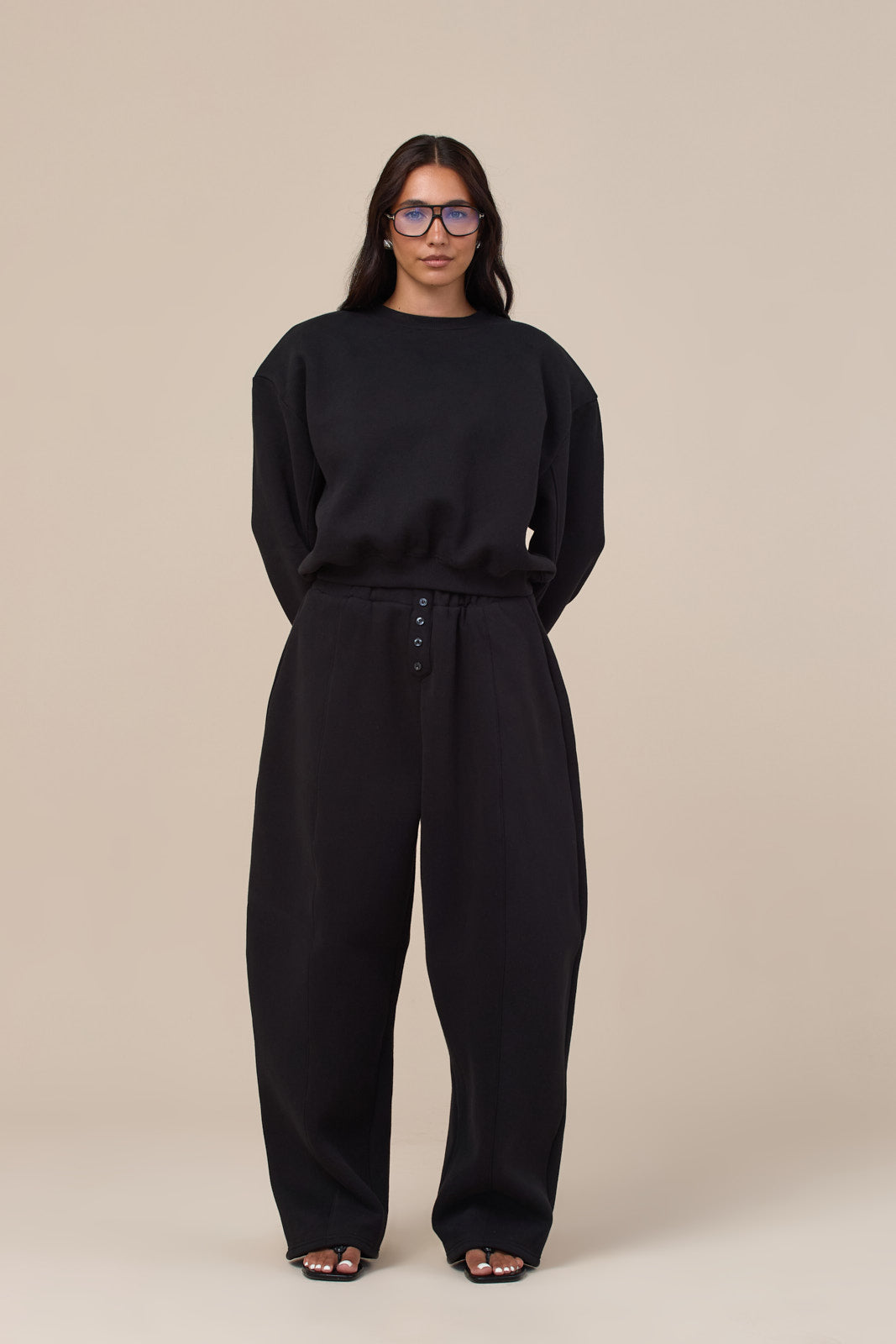 LANE BUTTON BALLOON LEG SWEATPANTS | BLACK