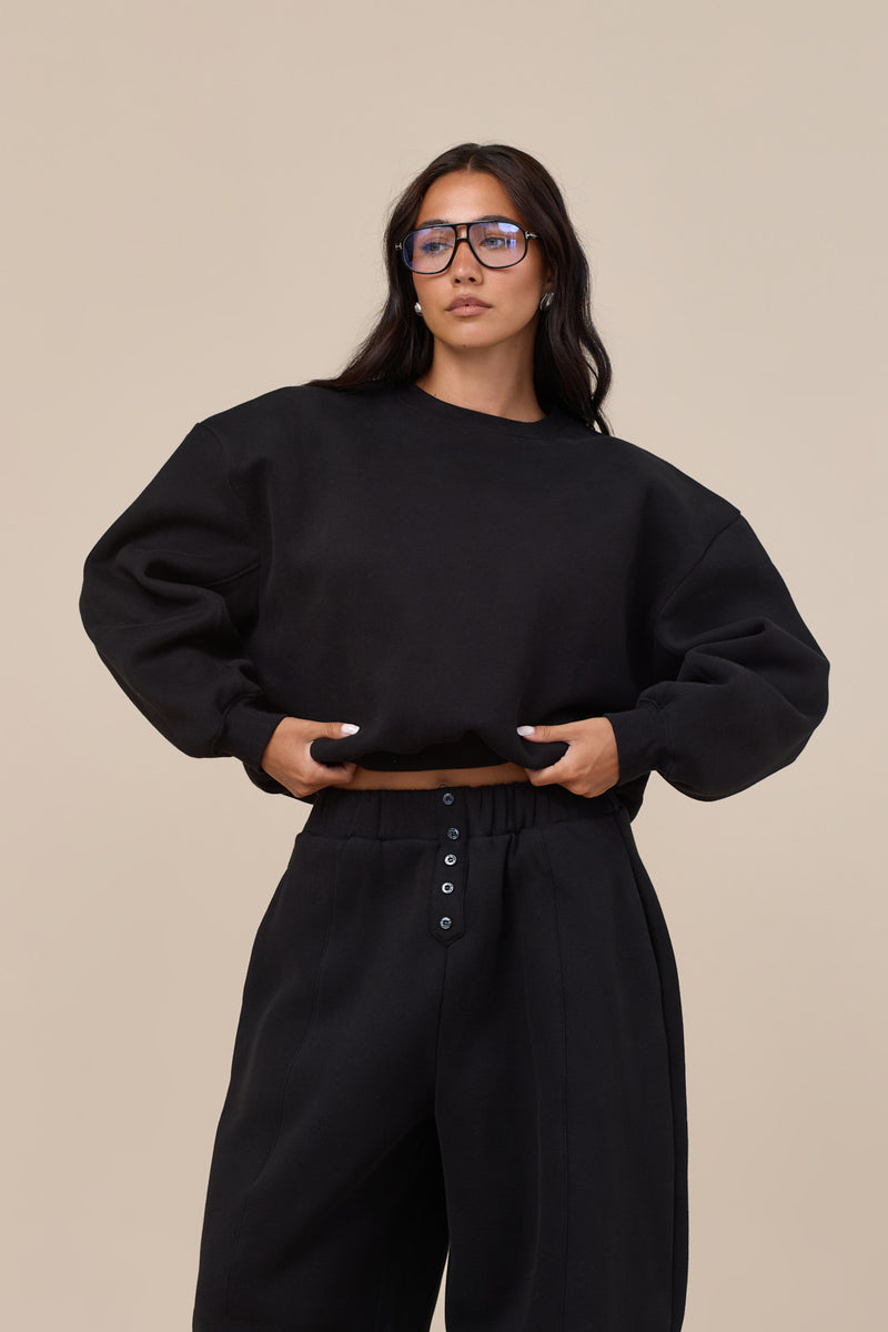 LANE BUTTON BALLOON LEG SWEATPANTS | BLACK