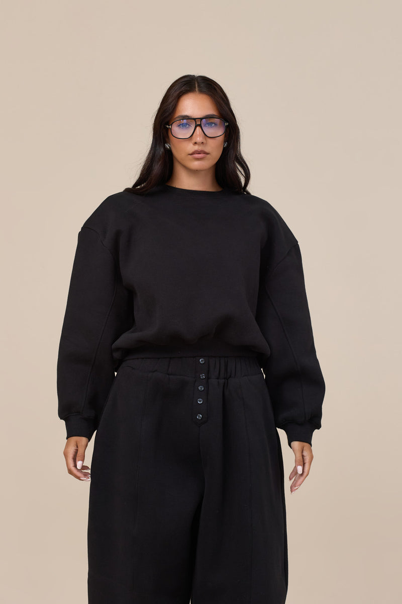 LANE BOXY SWEATSHIRT WITH DETACHABLE SHOULDER PADS | BLACK