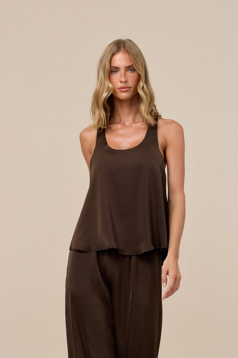 LENI SATIN RACERBACK TANK | CHOCOLATE