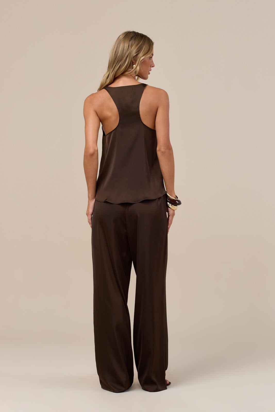 LENI SATIN ELASTIC WAIST TROUSERS | CHOCOLATE