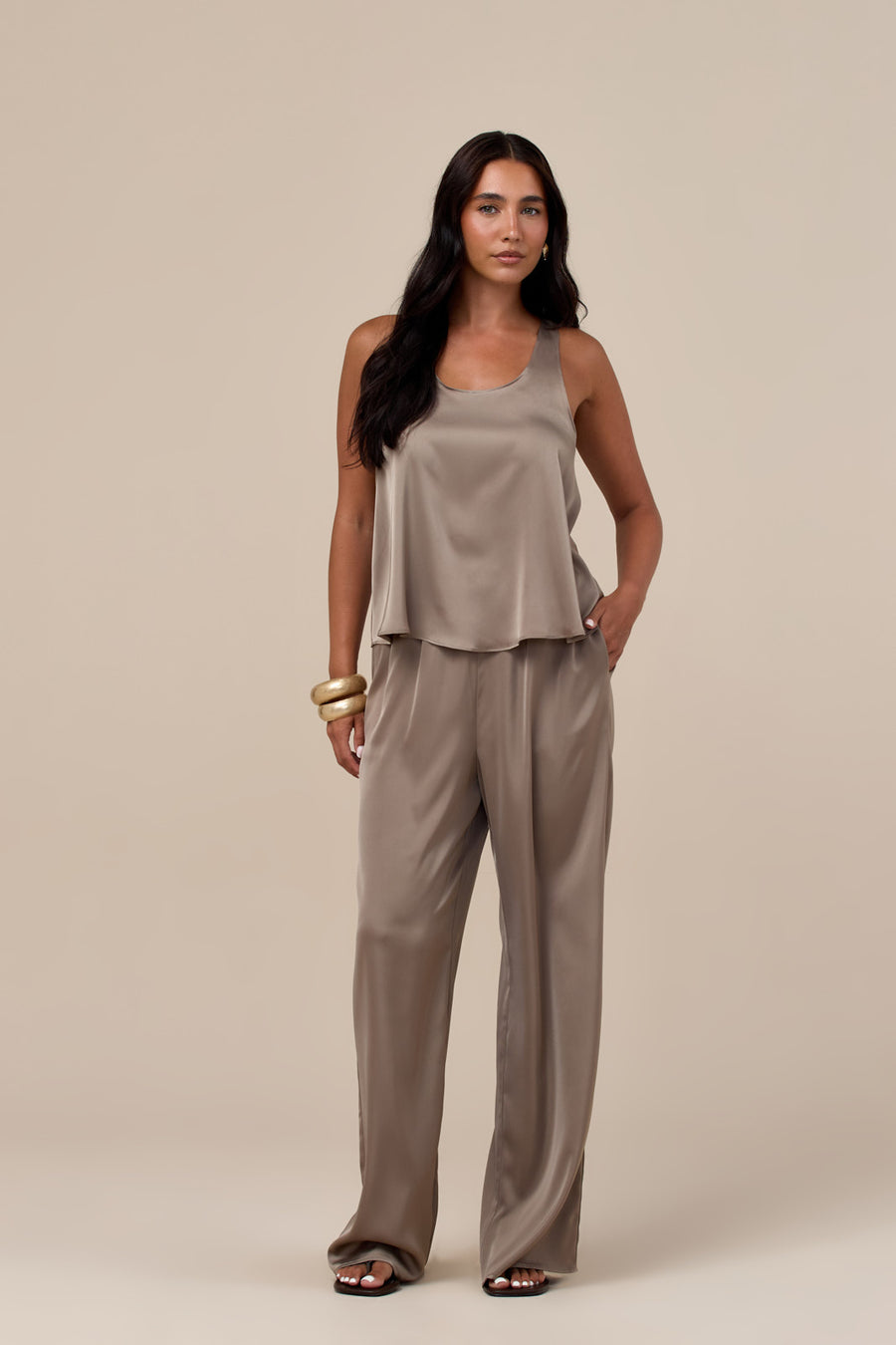 LENI SATIN ELASTIC WAIST TROUSERS | TAUPE