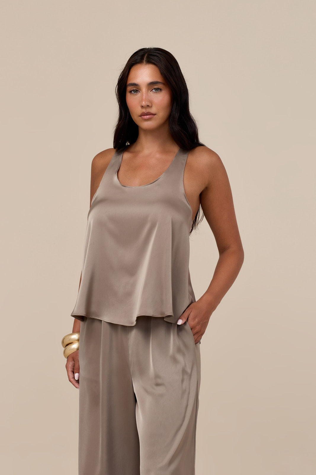 LENI SATIN RACERBACK TANK | TAUPE