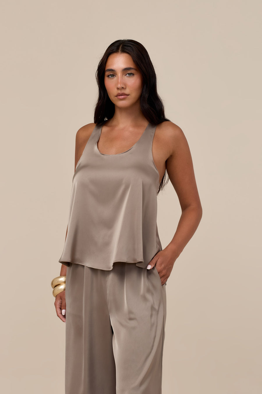 LENI SATIN RACERBACK TANK | TAUPE