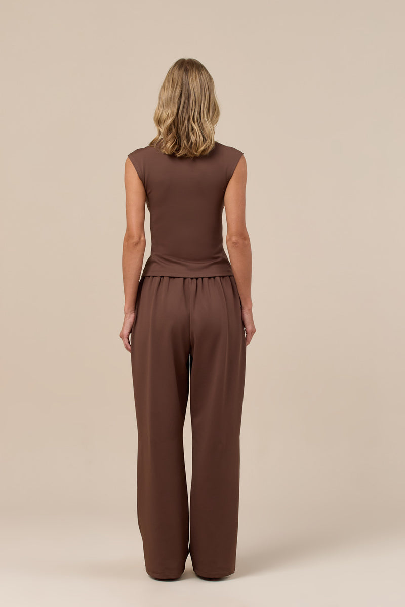 ALEX HIGH NECK CAPPED SLEEVE TOP | CHOCOLATE