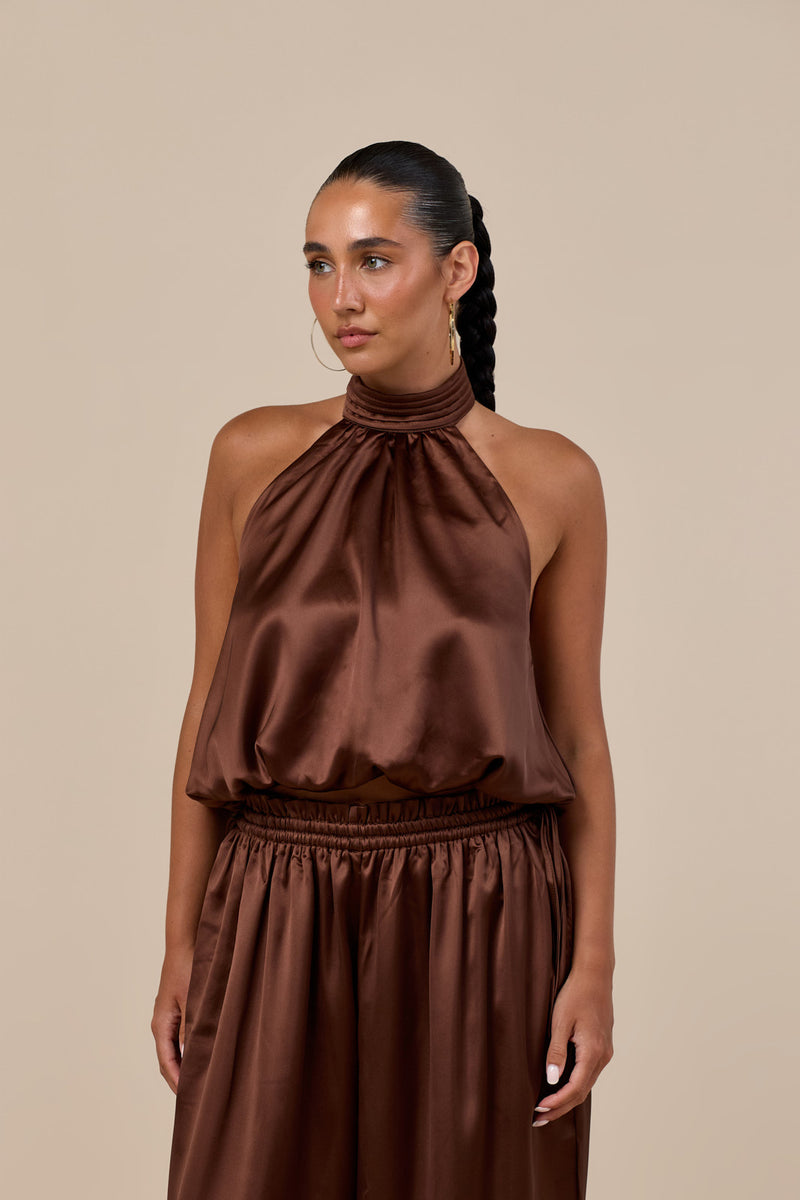 SUMMA SATIN DRAPE TOP | CHOCOLATE