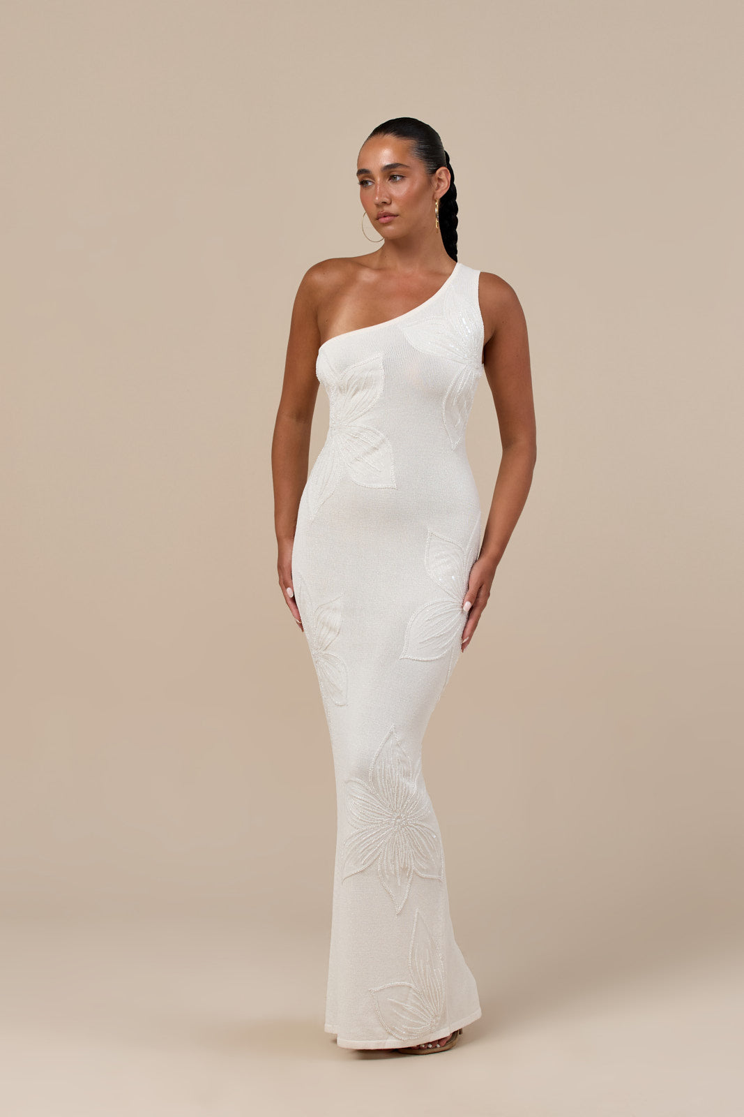 FLOSSIE KNITTED MAXI DRESS WITH BEADED FLORAL DETAIL | VANILLA