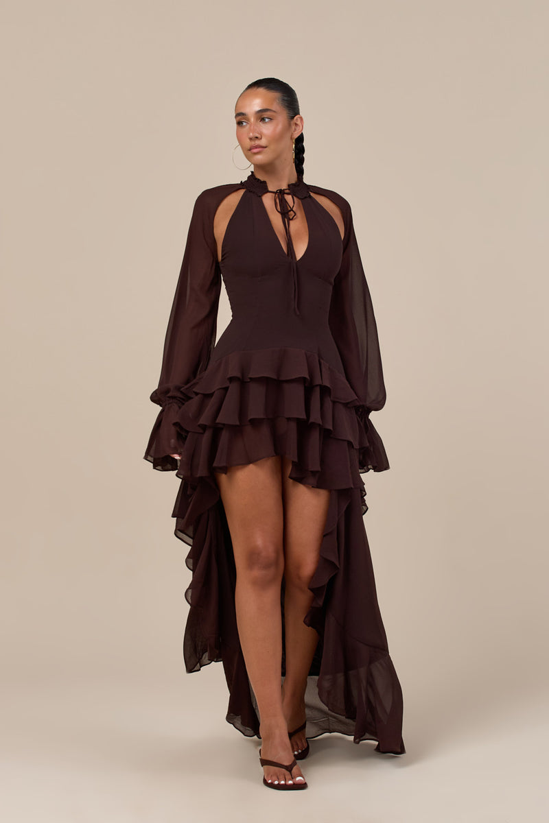 FLEUR LONG SLEEVE TIERED RUFFLE MINI DRESS | CHOCOLATE
