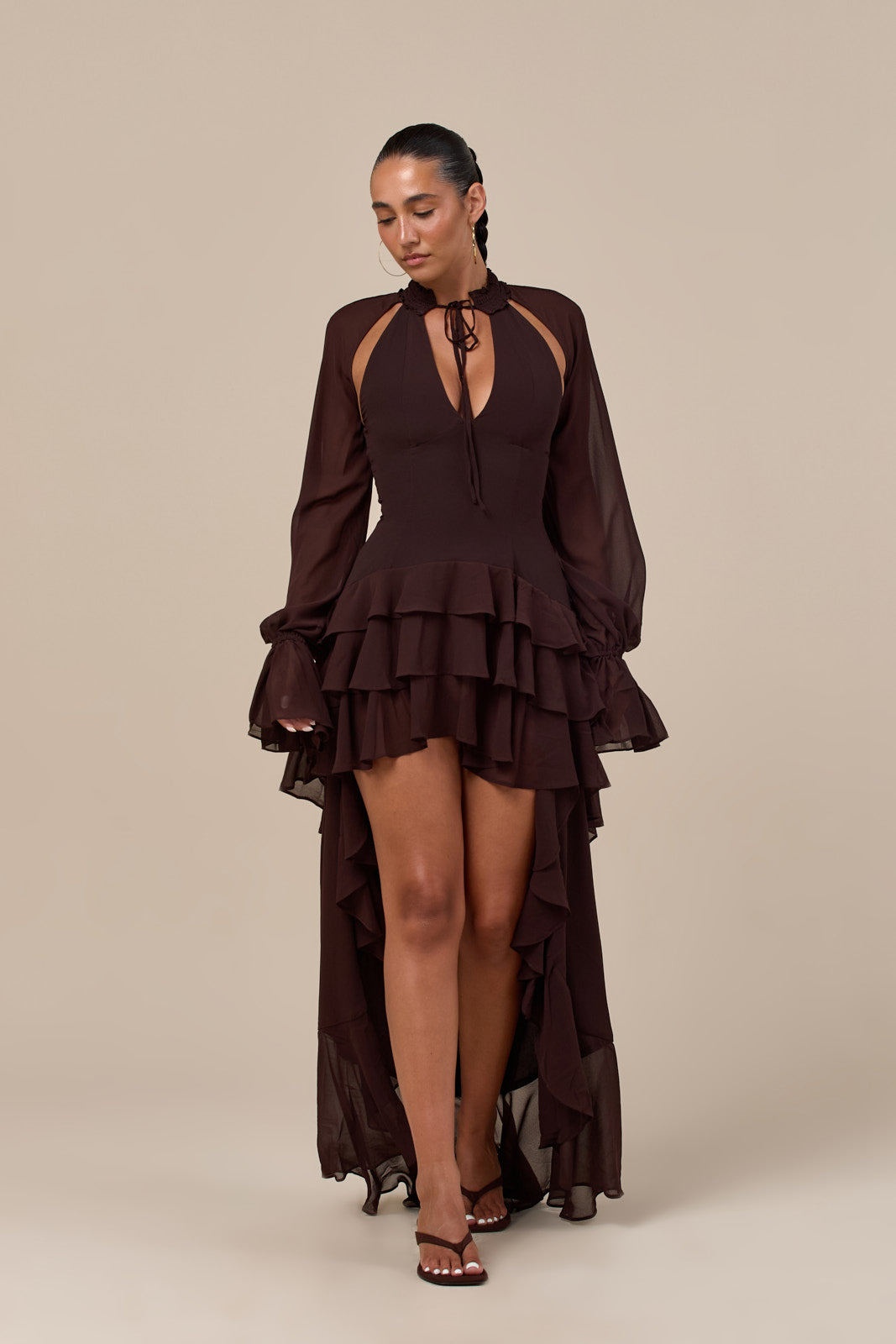 FLEUR LONG SLEEVE TIERED RUFFLE MINI DRESS | CHOCOLATE